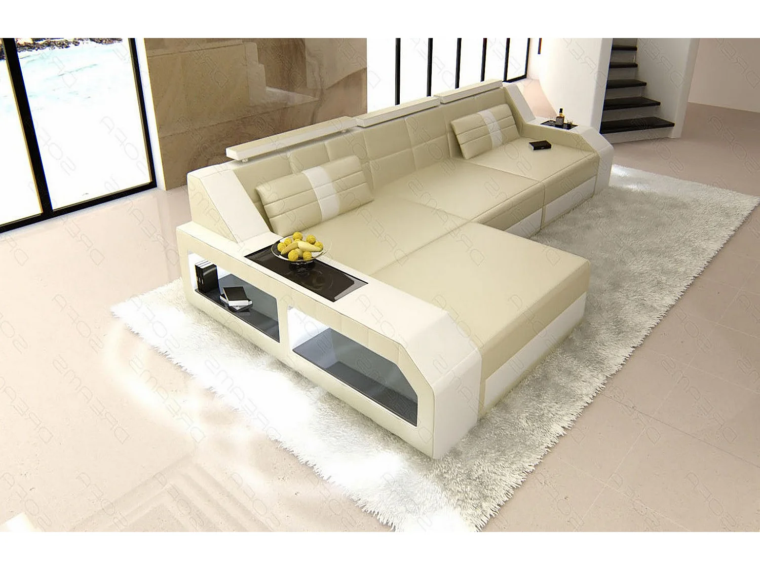 Ecksofa Arezzo Leder Ledermix Beige Weiß Links