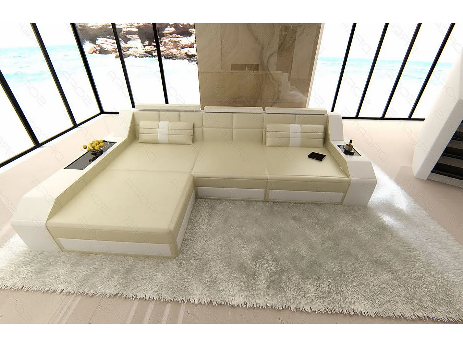 Ecksofa Arezzo Leder Ledermix Beige Weiß Links