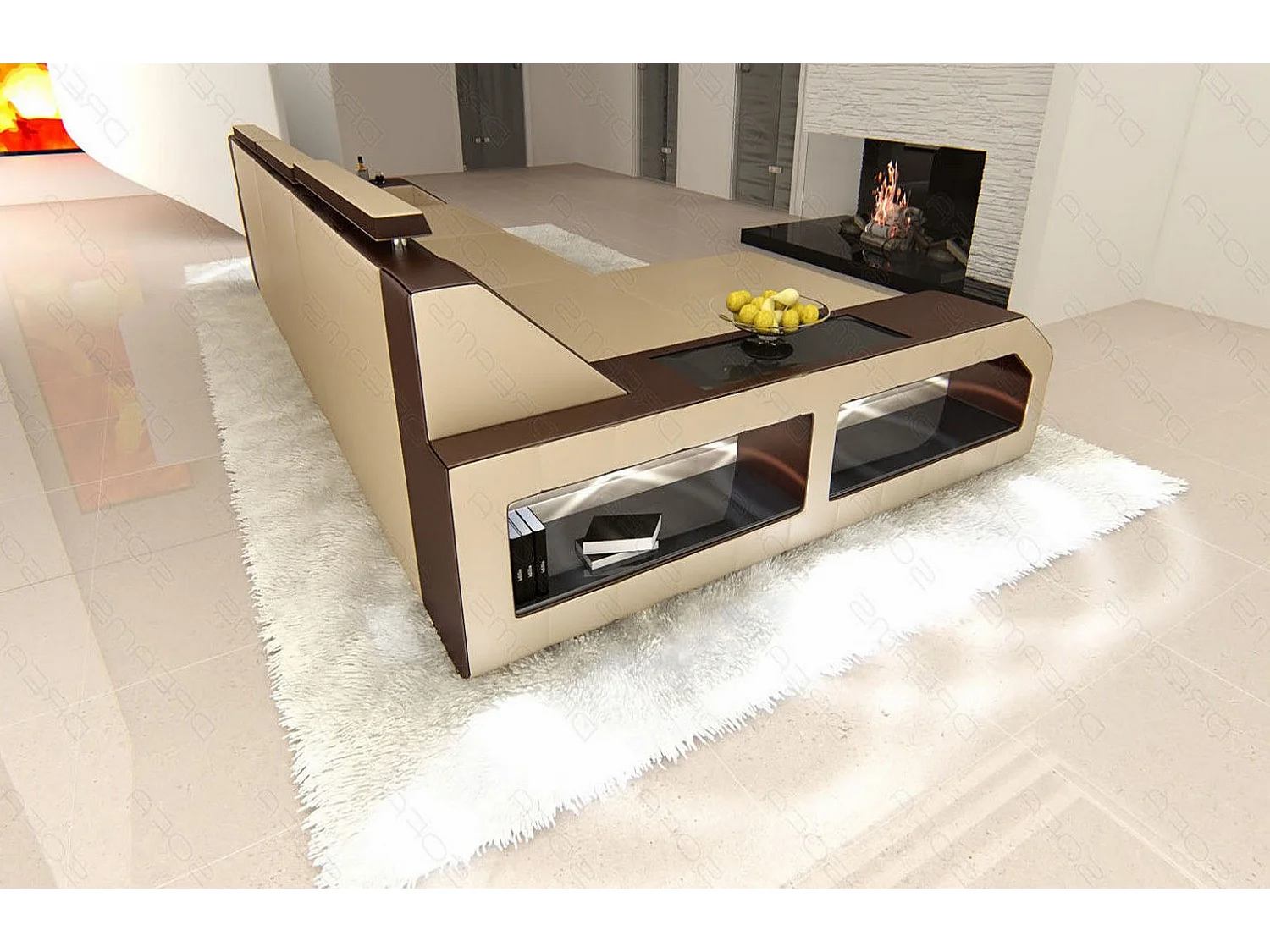 Ecksofa Arezzo Leder Ledermix Sandbeige Braun Links