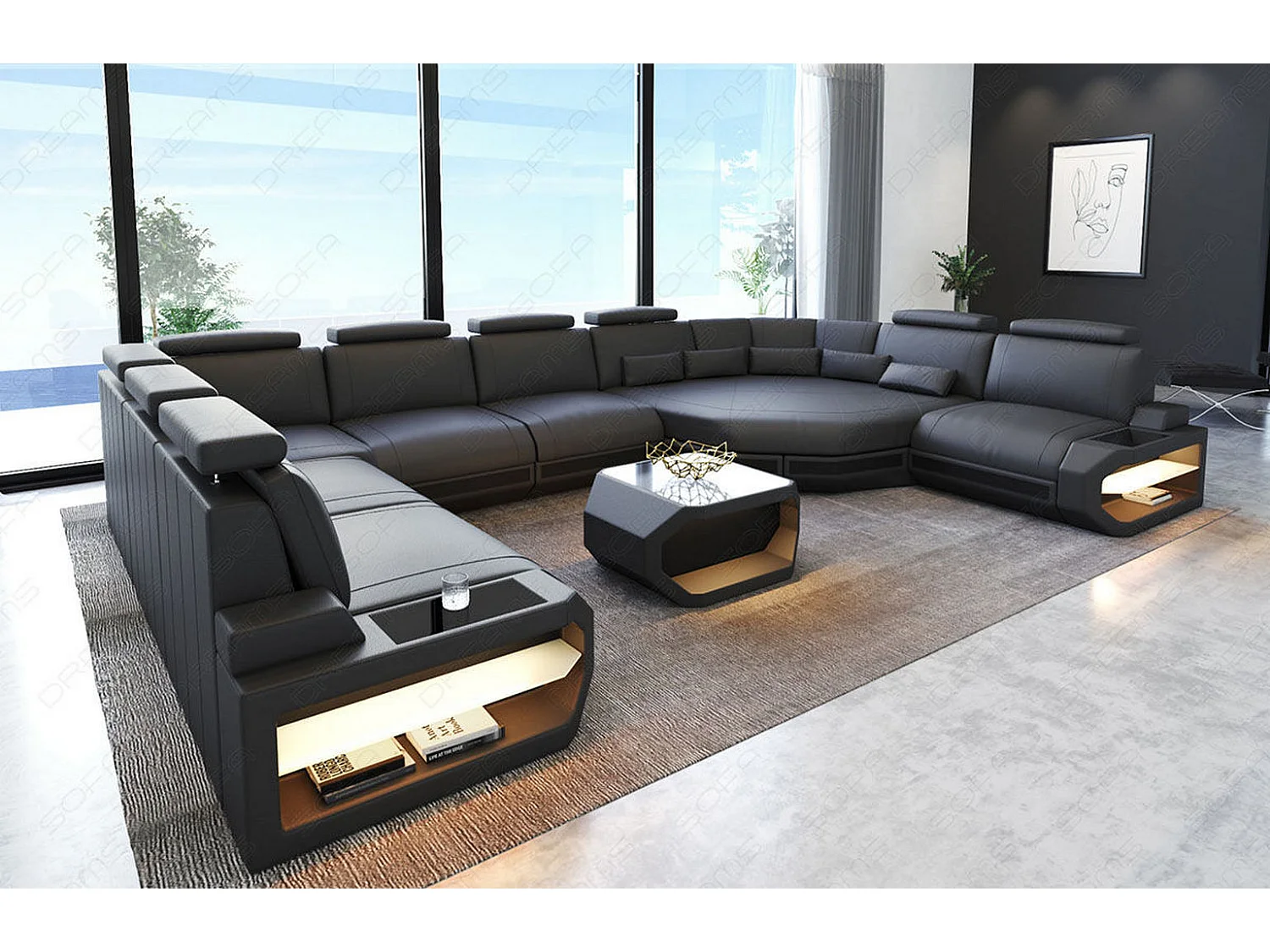 Sofa Asti U Leder Echtleder Grau Schwarz Links