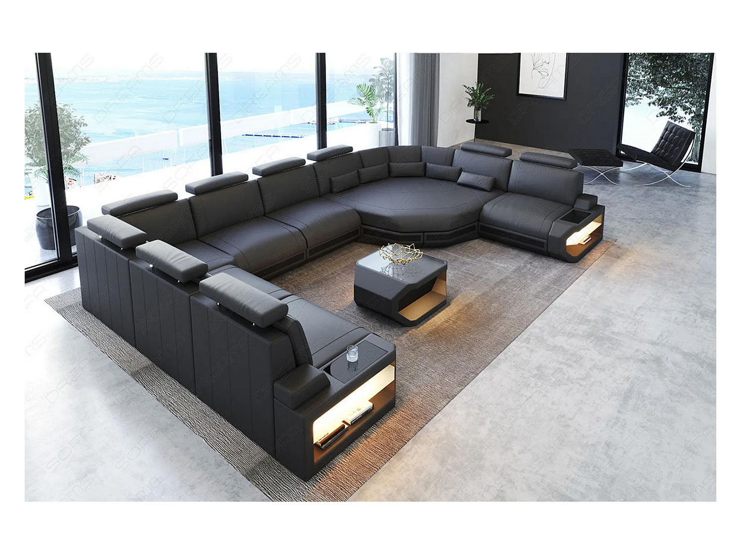 Sofa Asti U Leder Echtleder Grau Schwarz Links