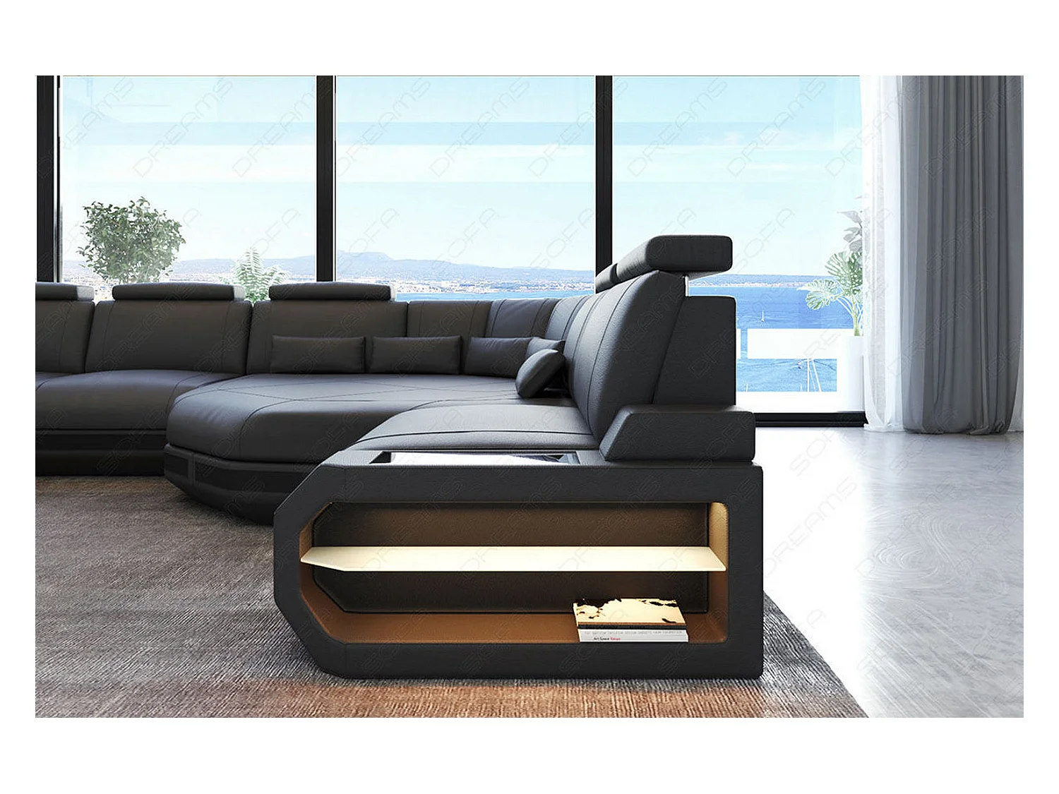 Sofa Asti U Leder Echtleder Grau Schwarz Links