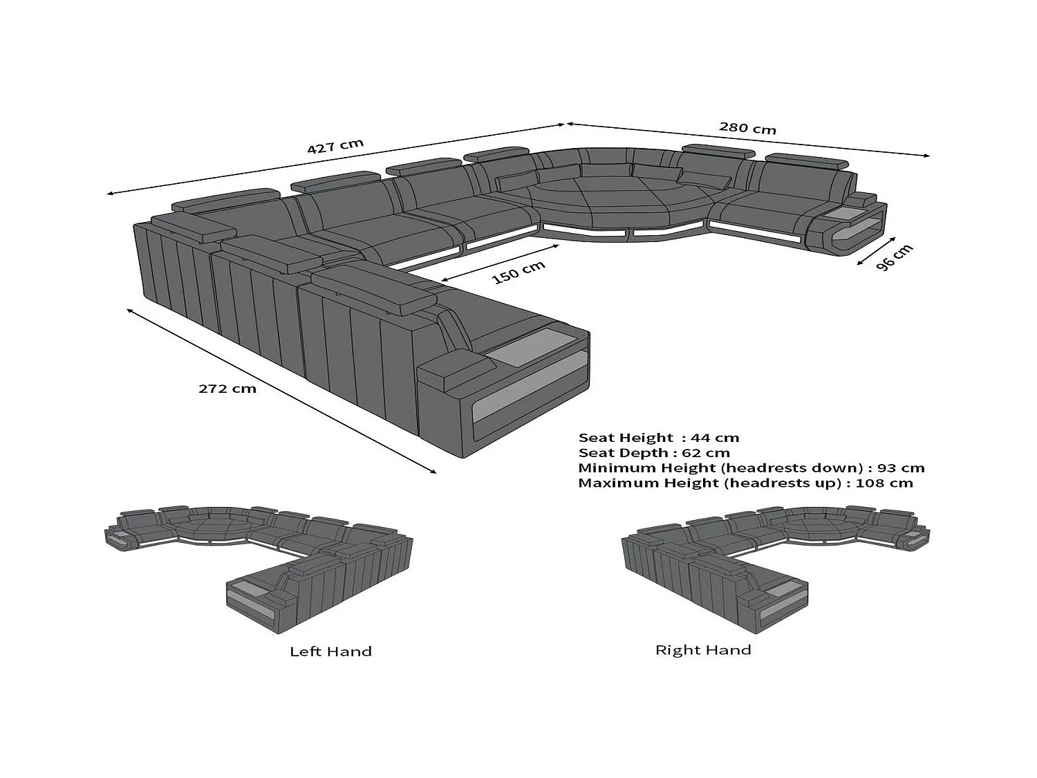 Sofa Asti U Leder Echtleder Grau Schwarz Links