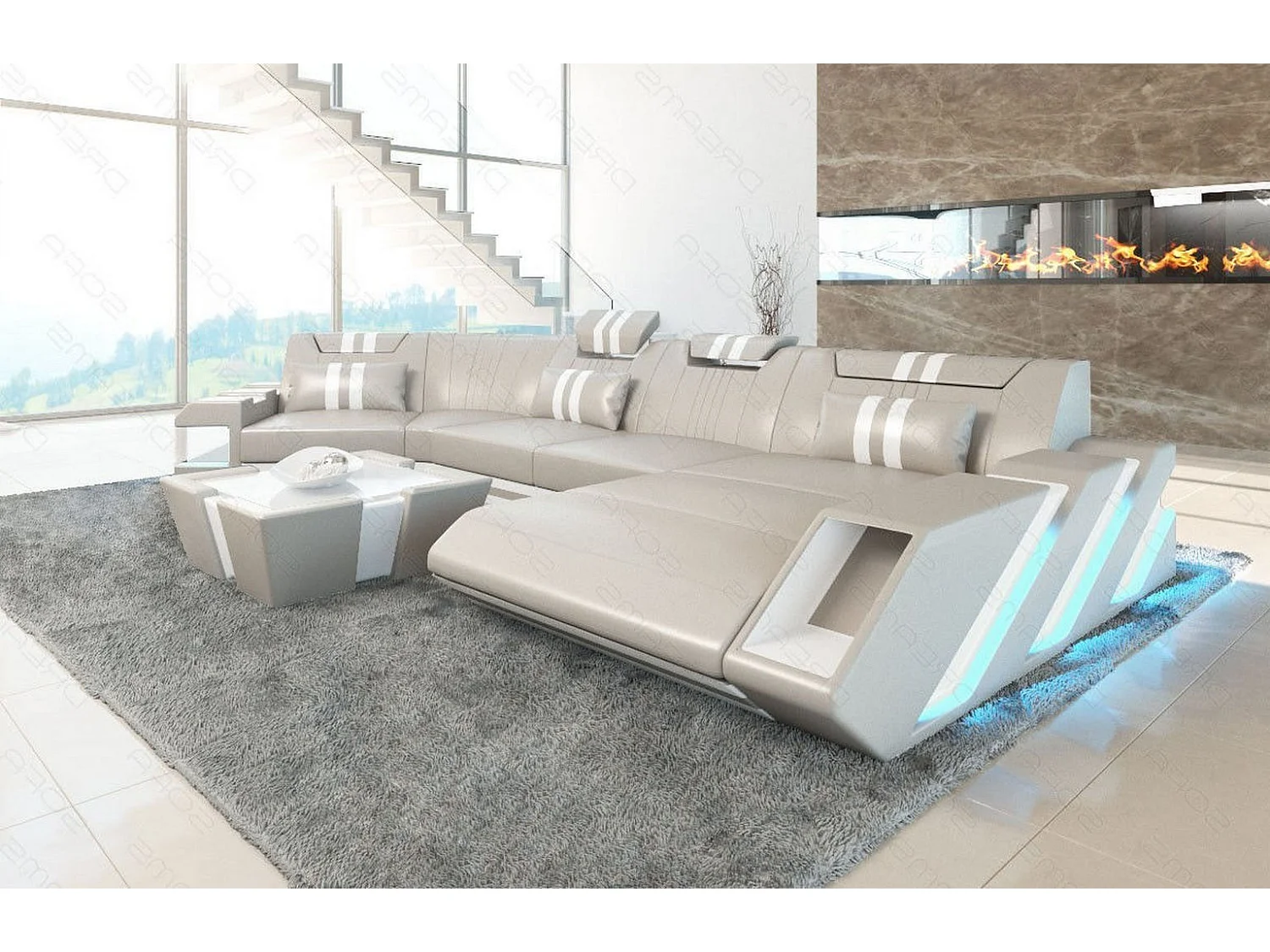 Ledersofa Apollonia C Form Ledermix Echt/Kunstleder Beige Weiß Rechts