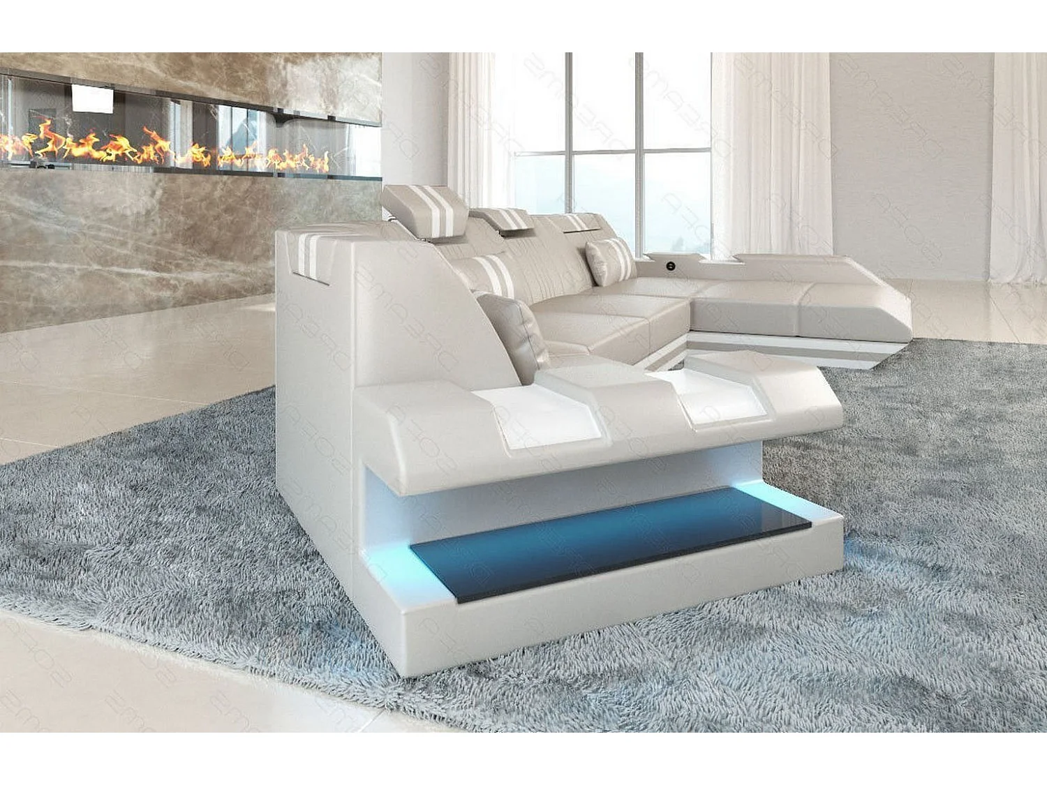 Ledersofa Apollonia C Form Ledermix Echt/Kunstleder Beige Weiß Rechts