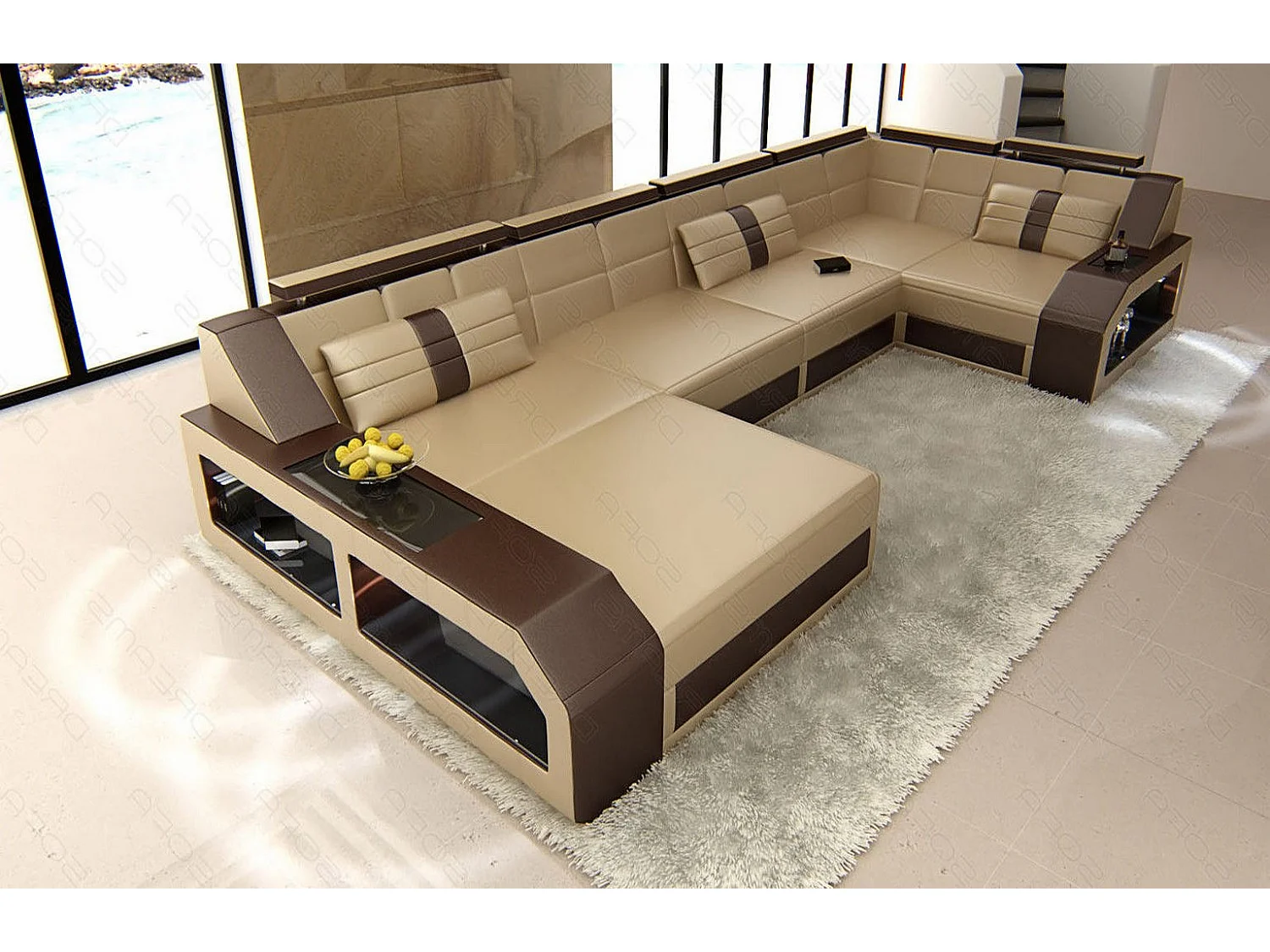 Sofa Arezzo U Leder Kunstleder Sandbeige Braun Links