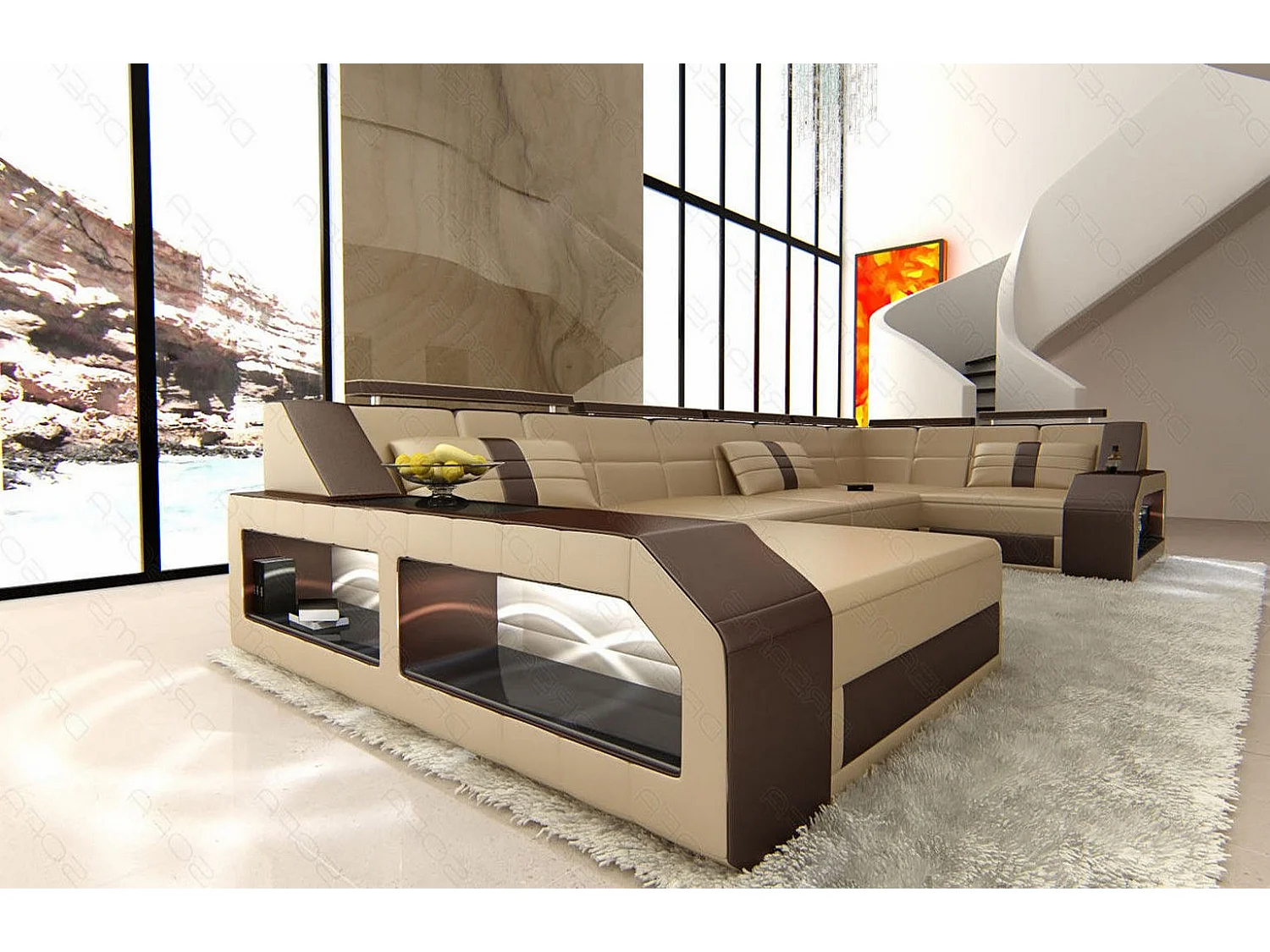 Sofa Arezzo U Leder Kunstleder Sandbeige Braun Links