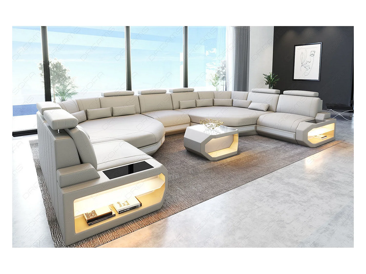 XXL Sofa Asti Leder Ledermix Beige Weiß
