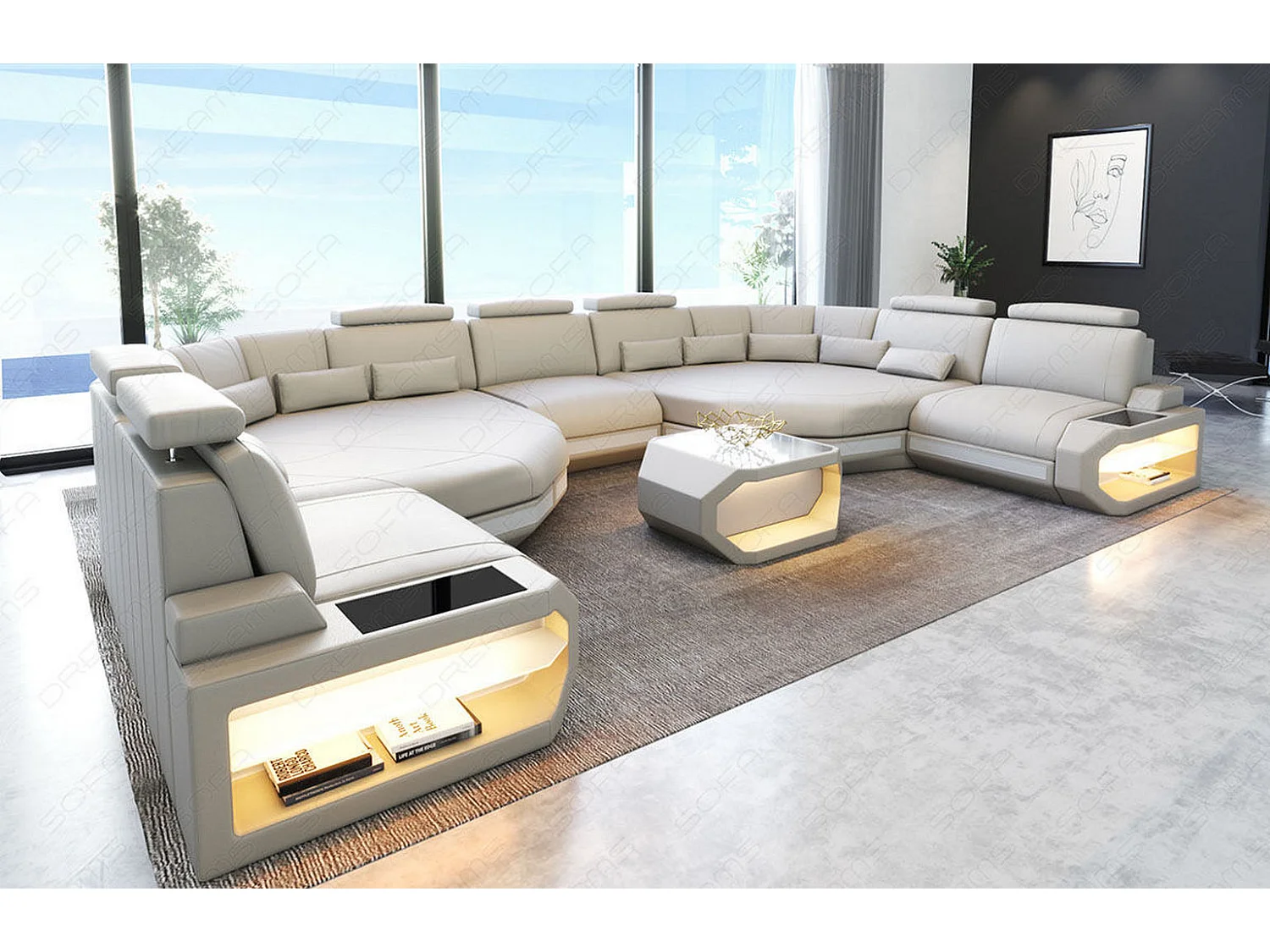 XXL Sofa Asti Leder Ledermix Beige Weiß