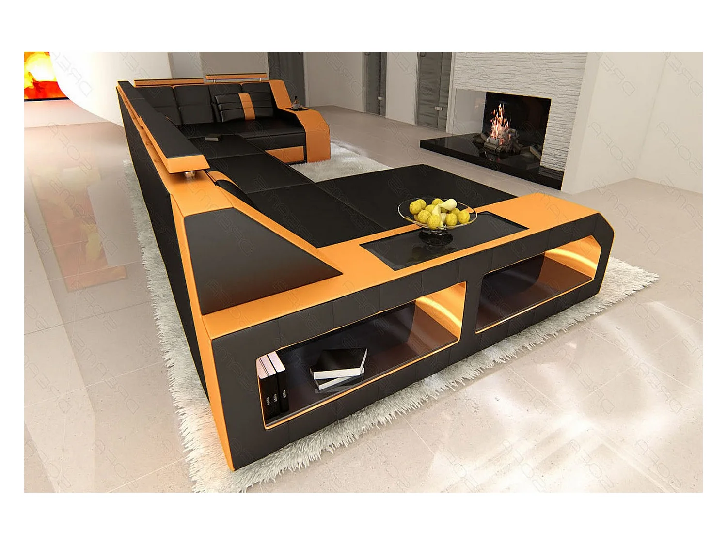 Sofa Arezzo U Leder Echtleder Schwarz Orange Links
