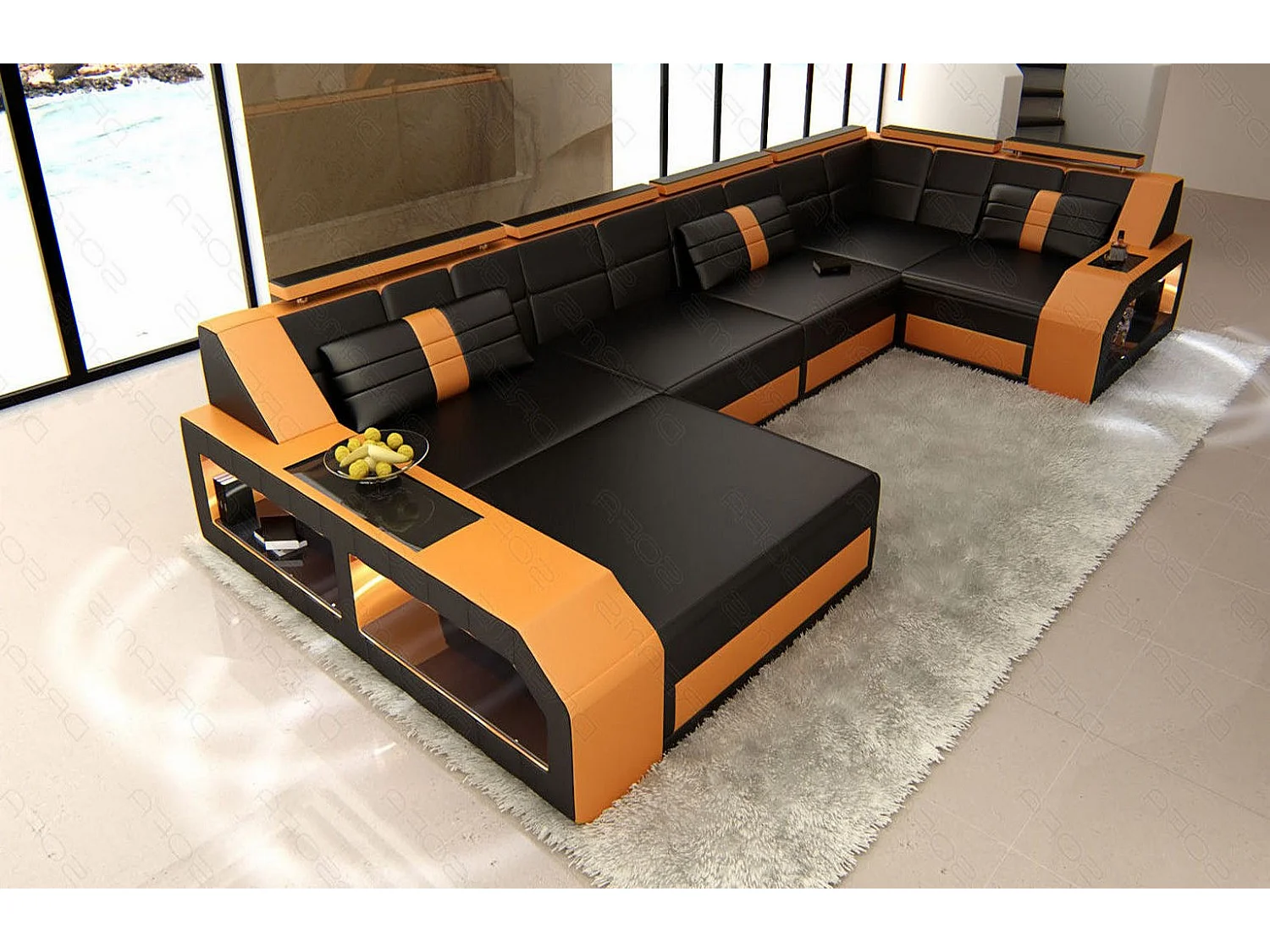 Sofa Arezzo U Leder Echtleder Schwarz Orange Links