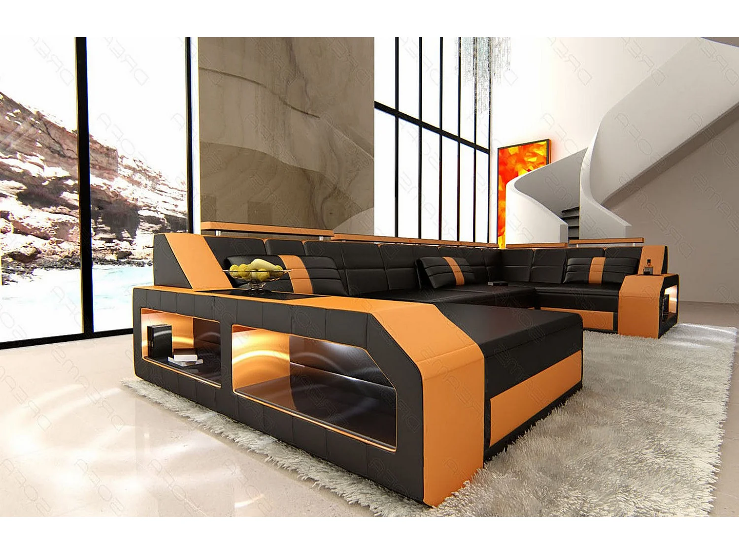 Sofa Arezzo U Leder Echtleder Schwarz Orange Links