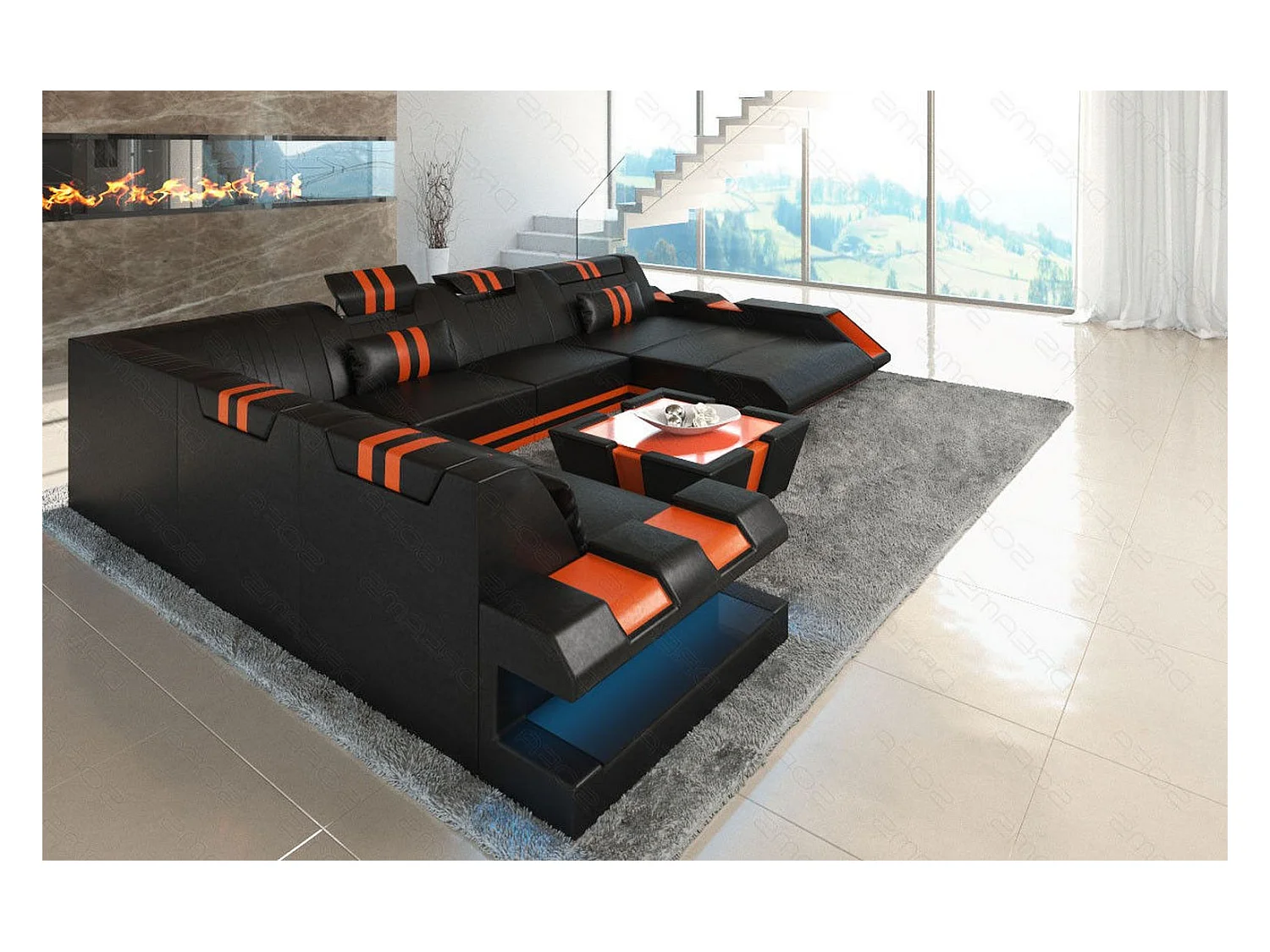 XXL Leder Wohnlandschaft Apollonia KP Schwarz Orange Rechts