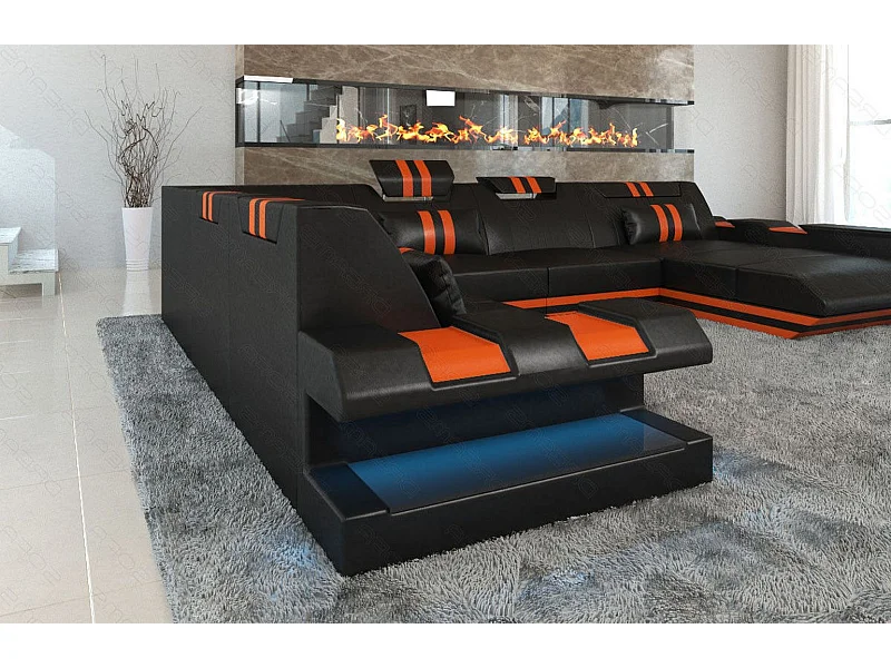 XXL Leder Wohnlandschaft Apollonia KP Schwarz Orange Rechts