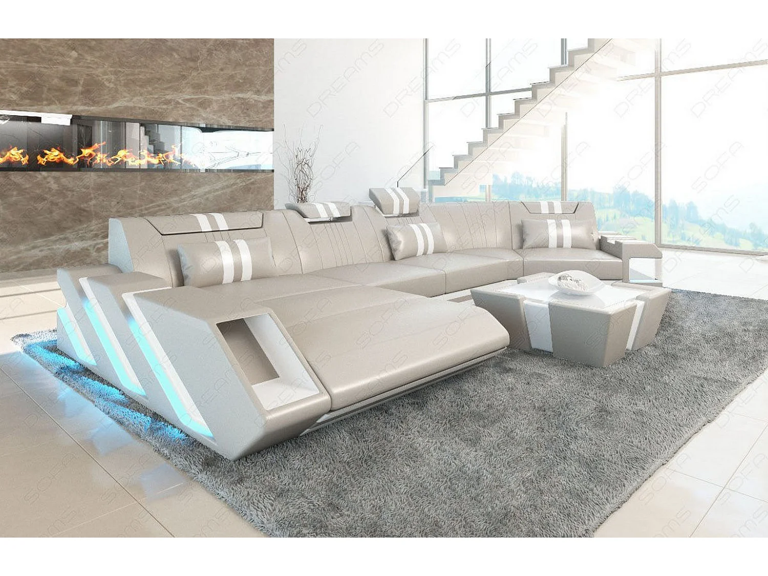 Ledersofa Apollonia C Form Büffelleder Beige Weiß Links