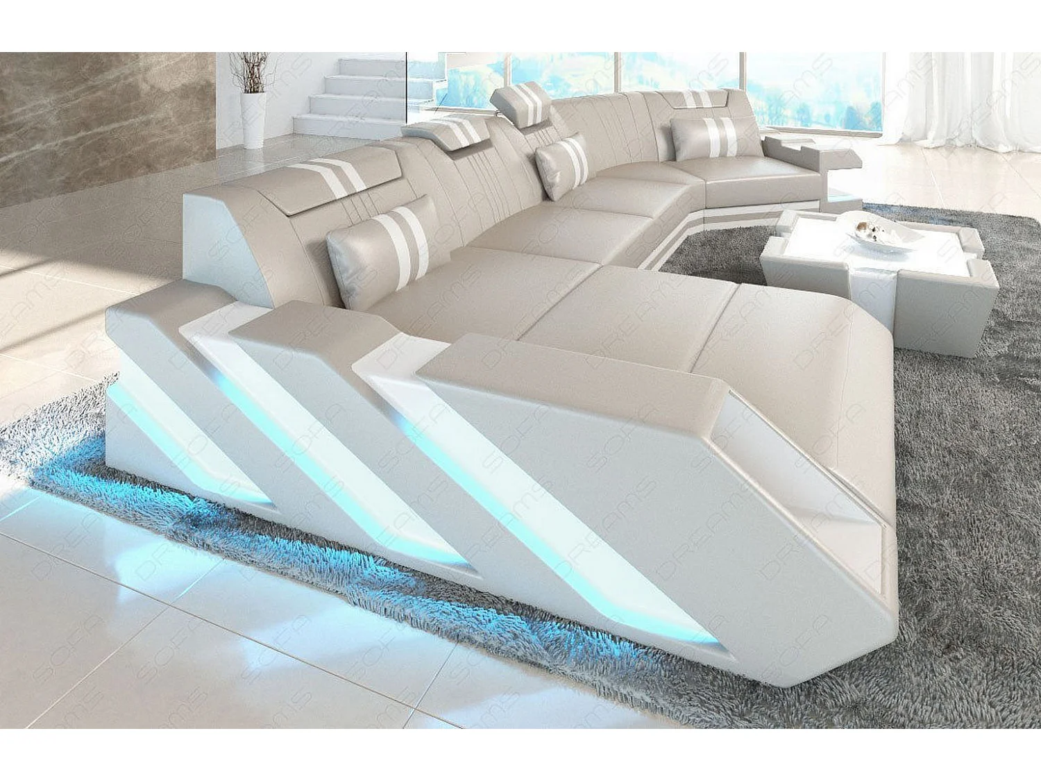 Ledersofa Apollonia C Form Büffelleder Beige Weiß Links