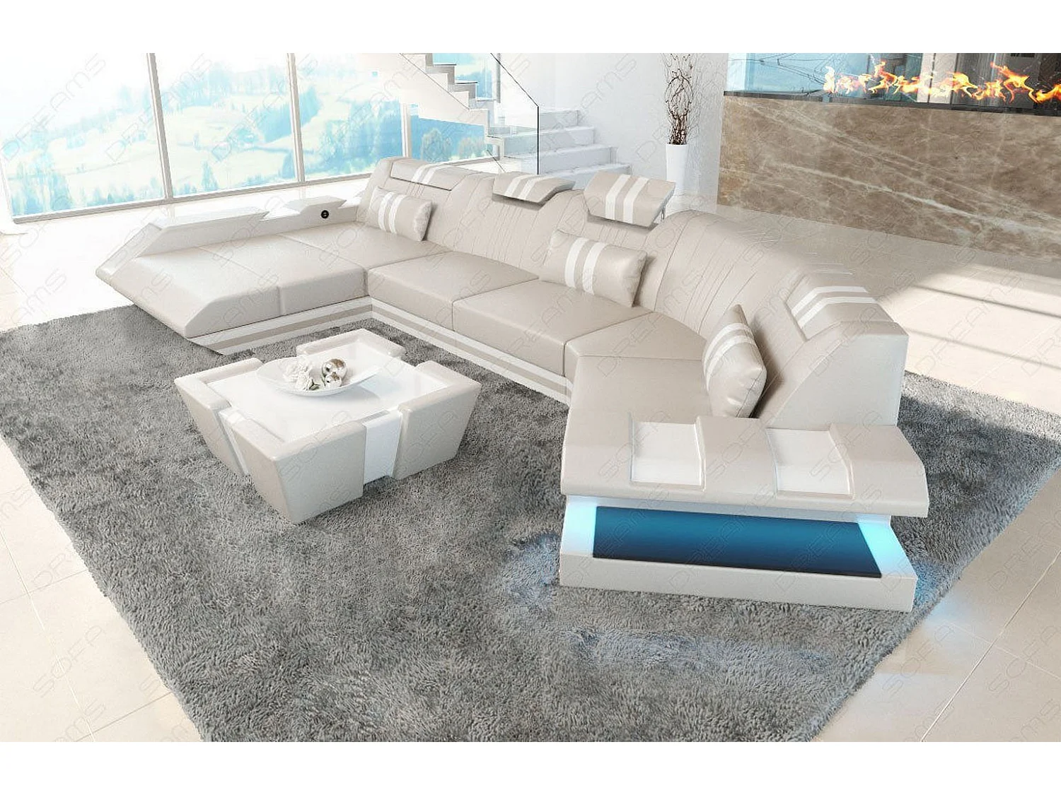 Ledersofa Apollonia C Form Büffelleder Beige Weiß Links