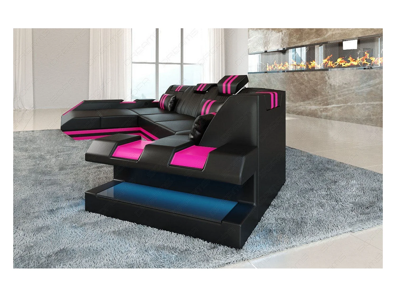 Ledersofa Apollonia C Form Büffelleder Schwarz Pink Links
