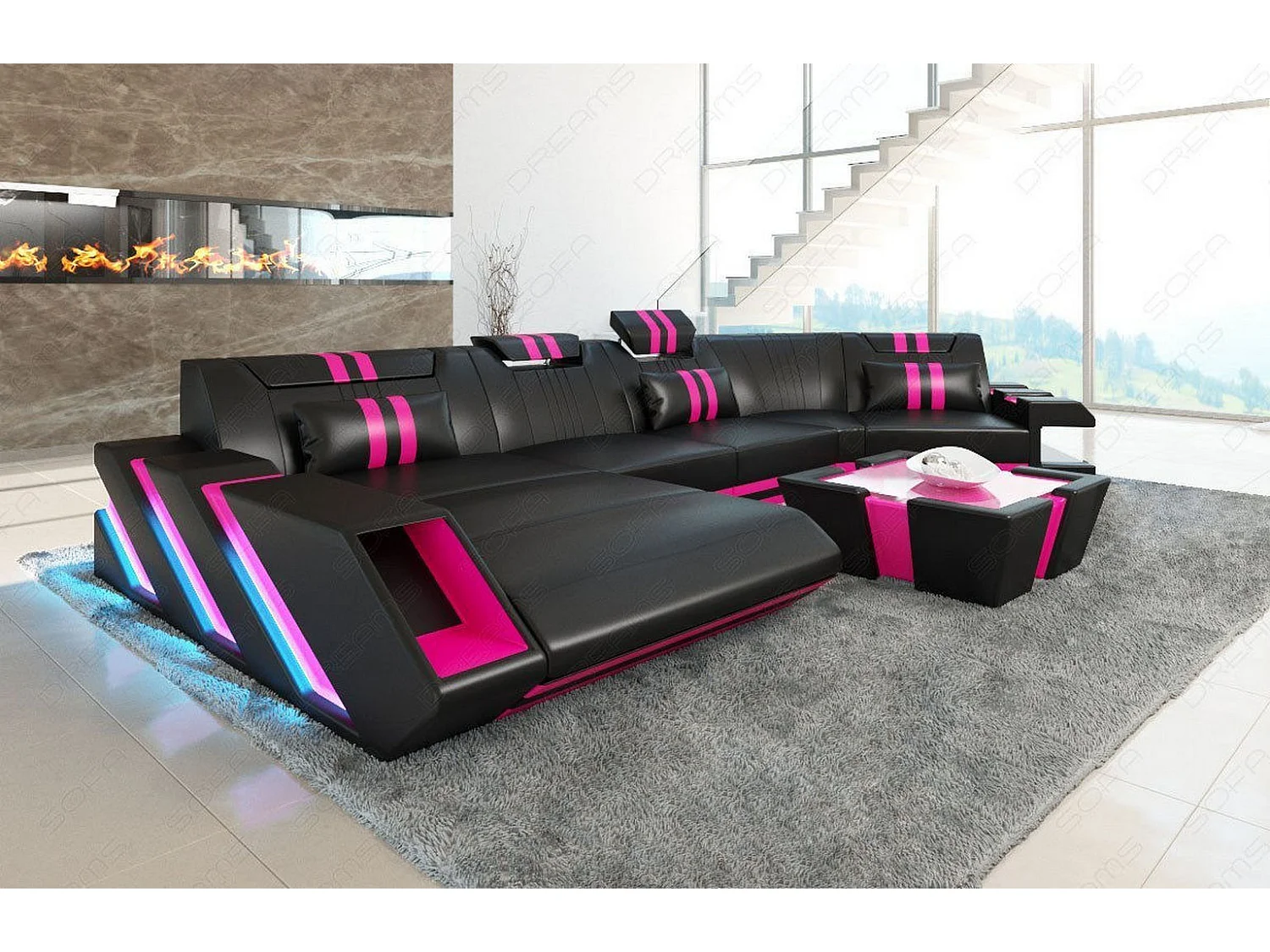 Ledersofa Apollonia C Form Büffelleder Schwarz Pink Links
