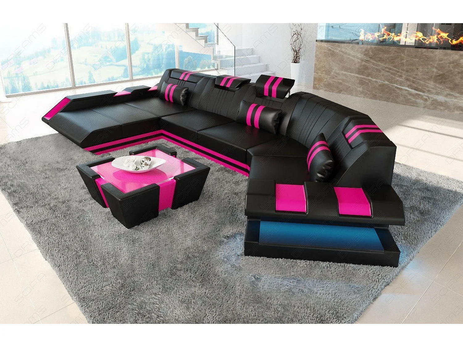 Ledersofa Apollonia C Form Büffelleder Schwarz Pink Links