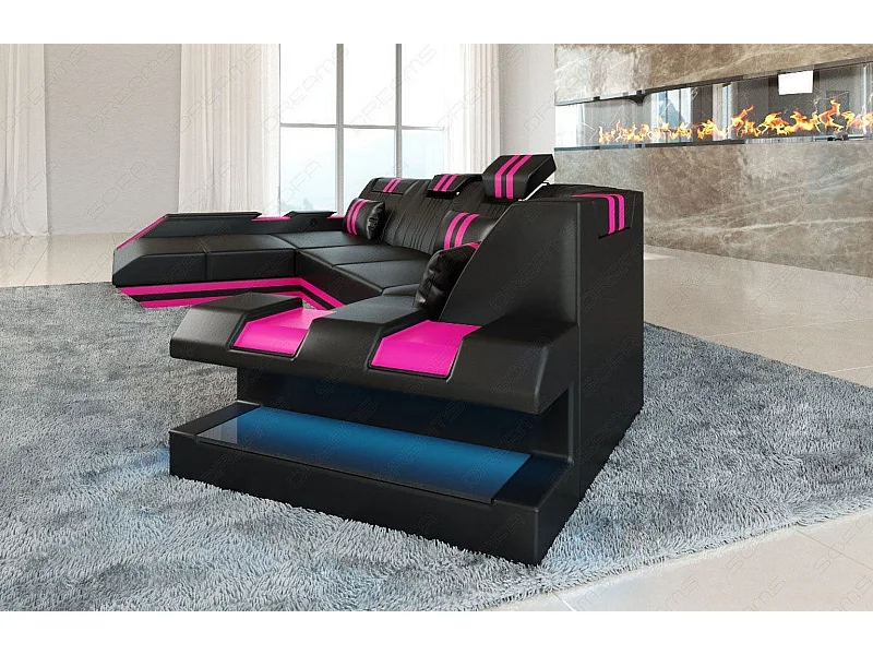 Ledersofa Apollonia C Form Büffelleder Schwarz Pink Links