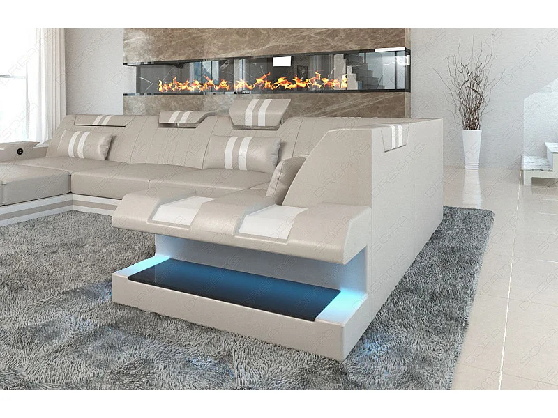 Ledersofa Apollonia U Form KP Beige Weiß Links