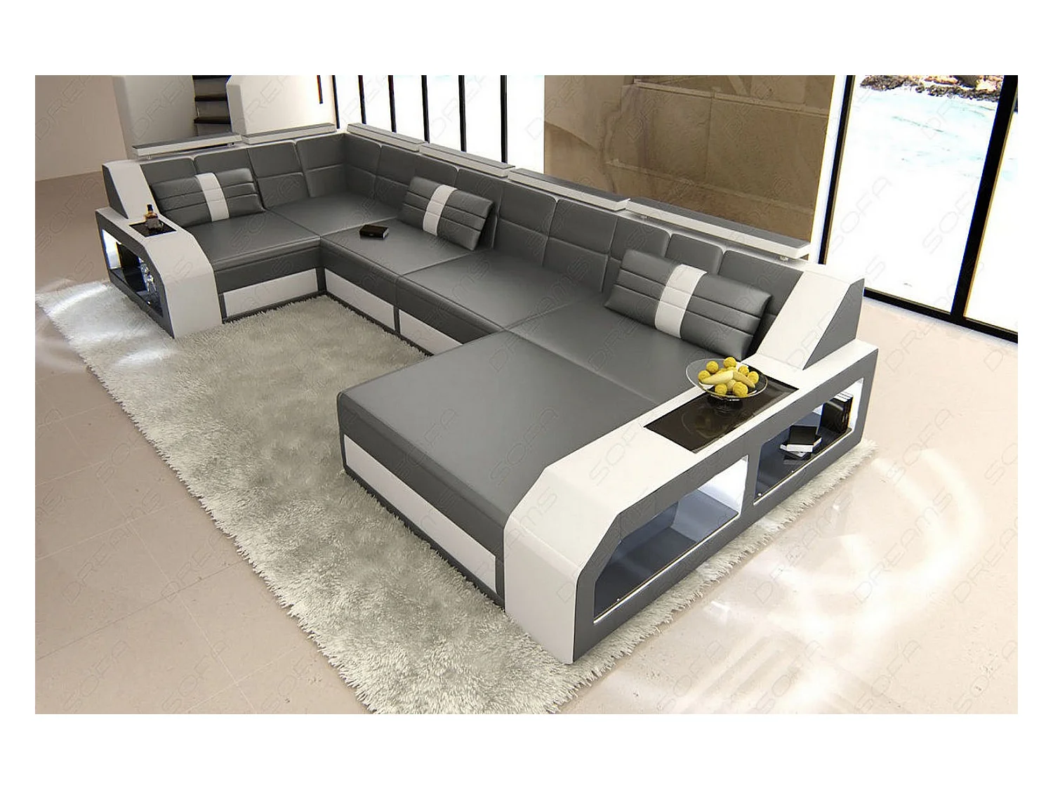 Sofa Arezzo U Leder Kunstleder Grau Weiß Rechts