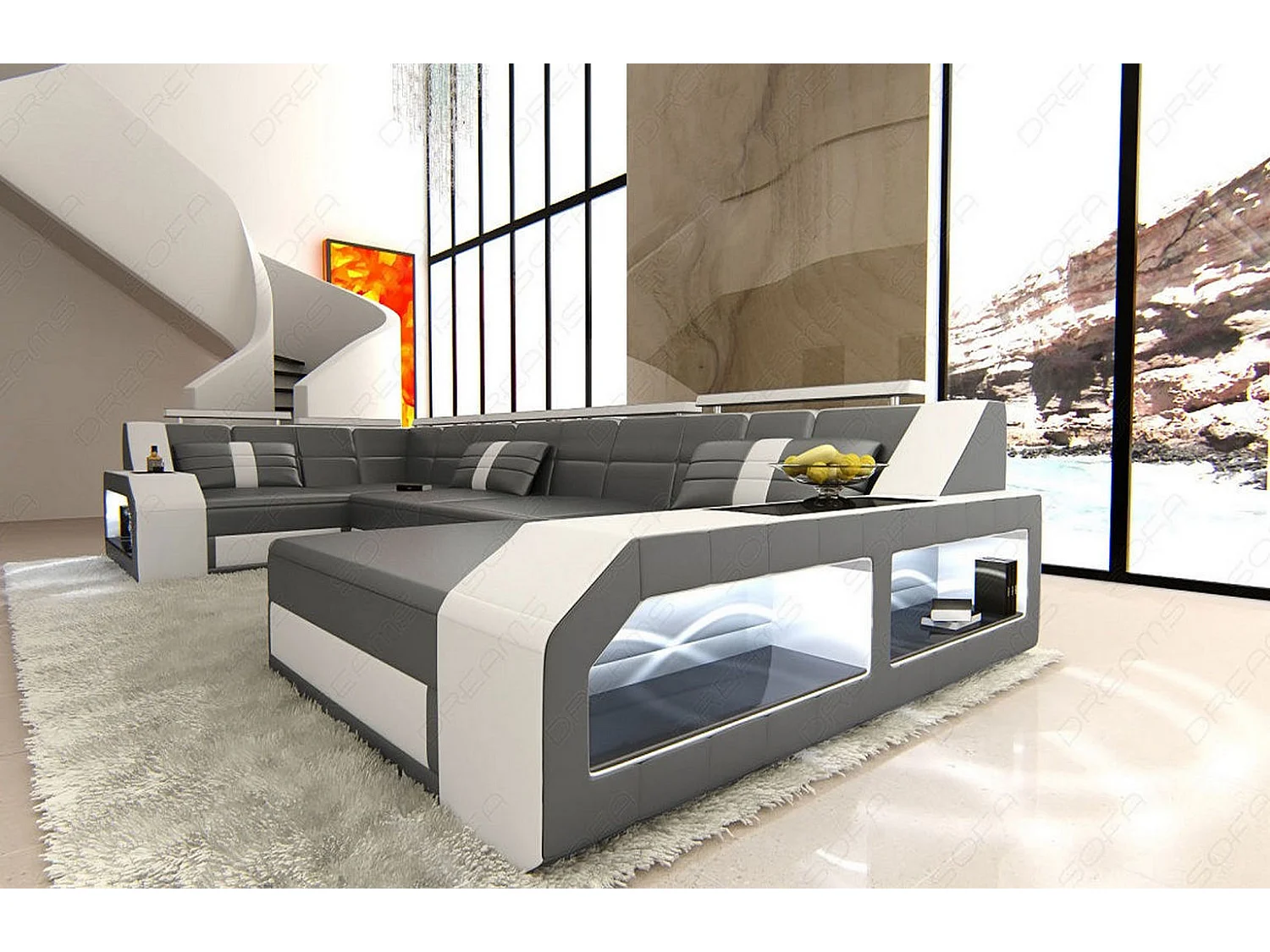 Sofa Arezzo U Leder Kunstleder Grau Weiß Rechts