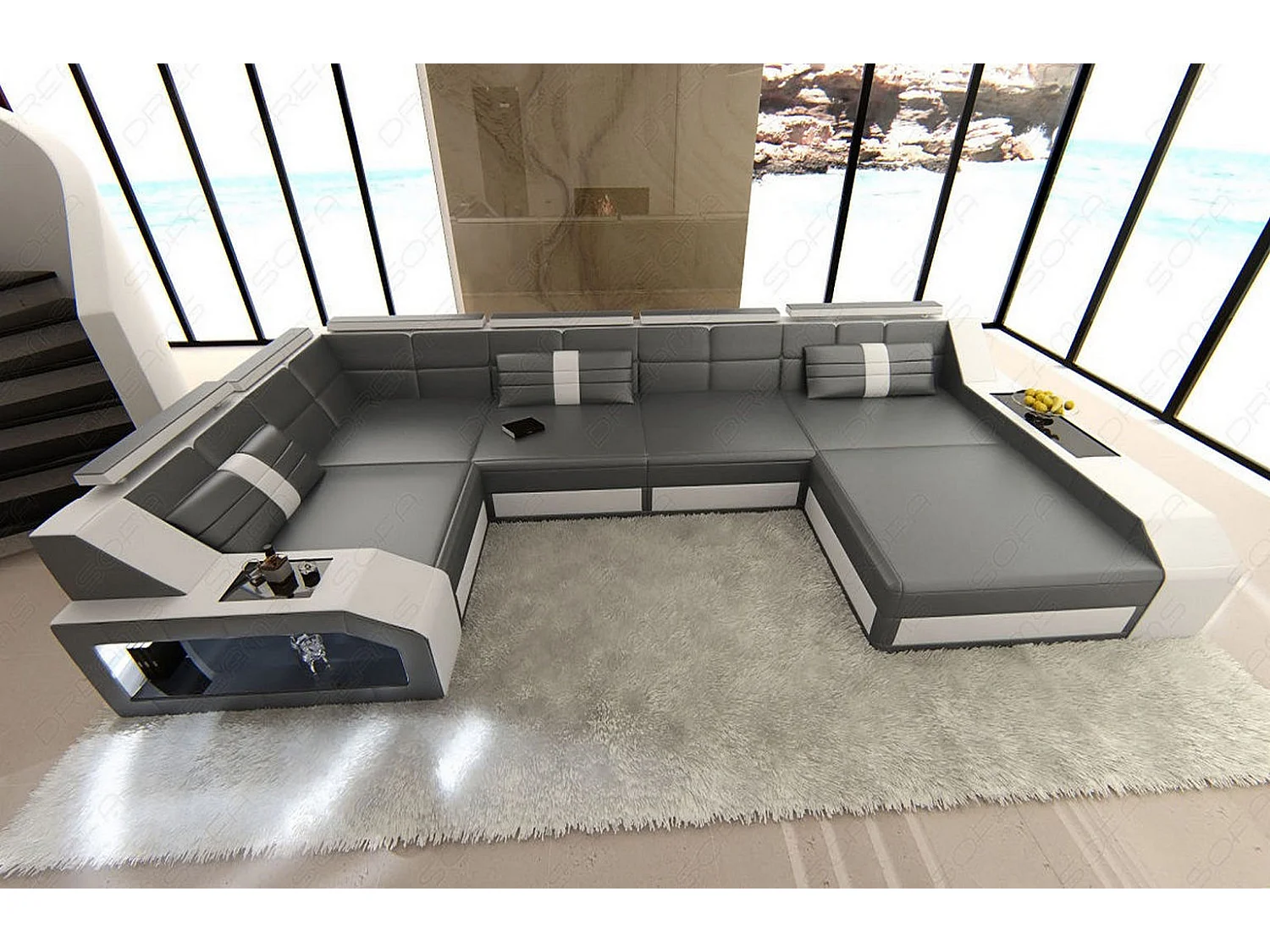 Sofa Arezzo U Leder Kunstleder Grau Weiß Rechts