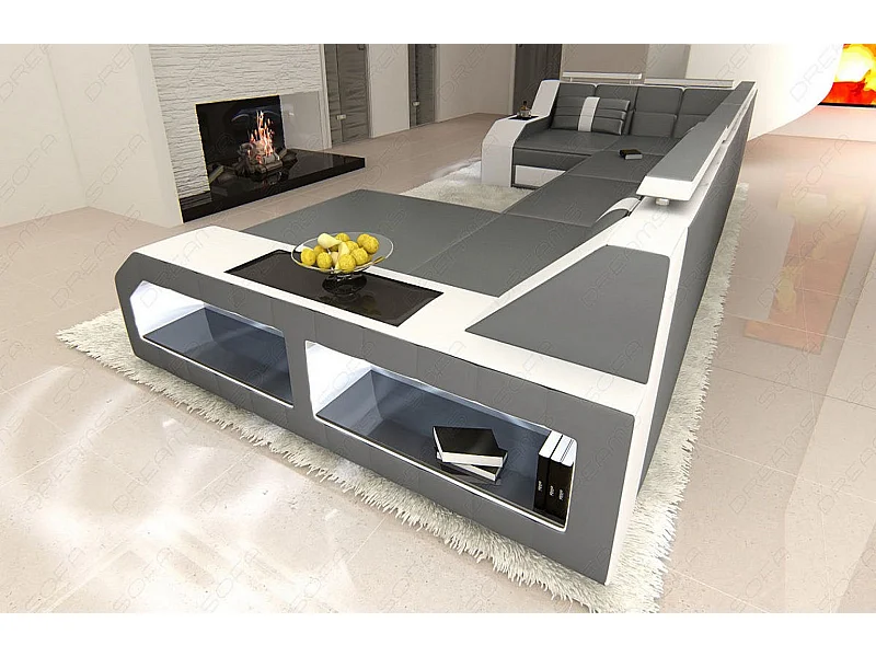 Sofa Arezzo U Leder Kunstleder Grau Weiß Rechts