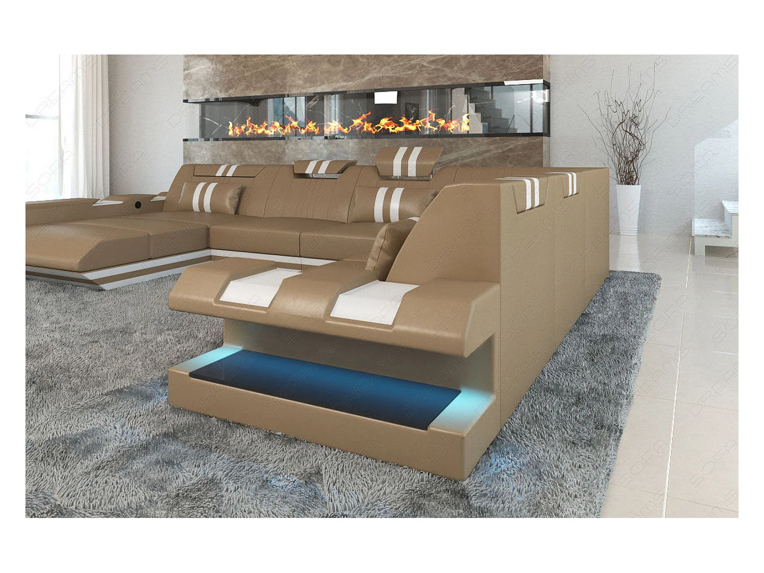 XXL Leder Wohnlandschaft Apollonia EM Sandbeige Weiß Links