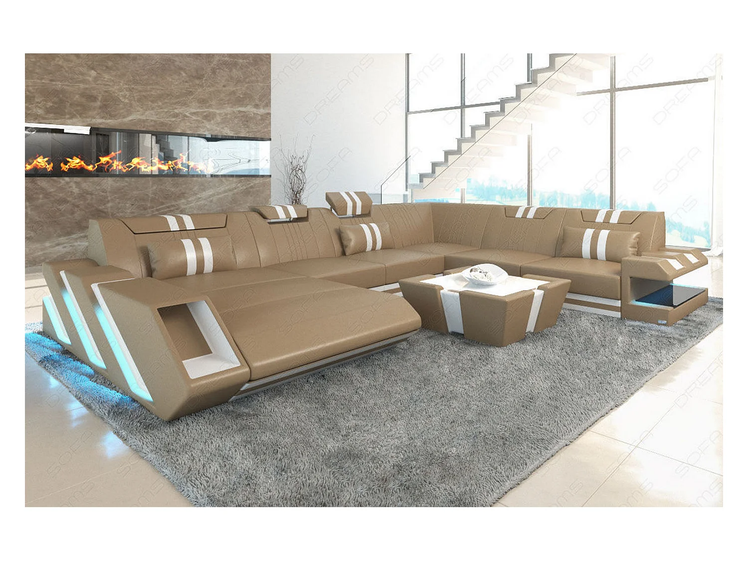 XXL Leder Wohnlandschaft Apollonia EM Sandbeige Weiß Links