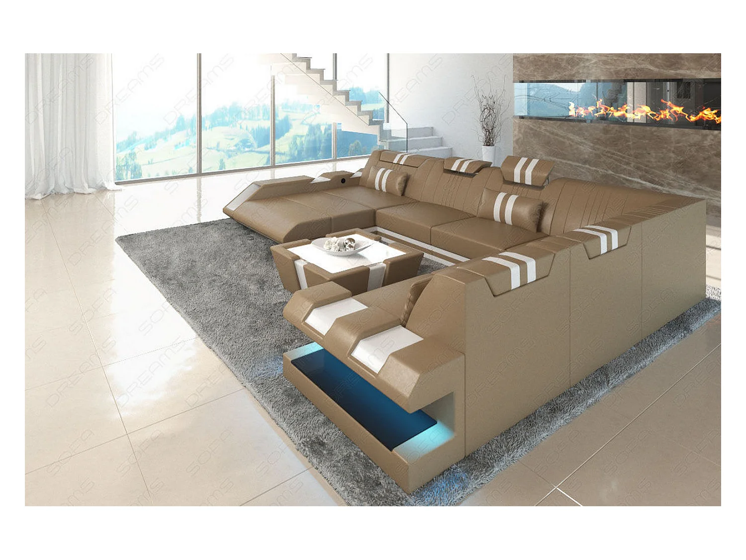 XXL Leder Wohnlandschaft Apollonia EM Sandbeige Weiß Links