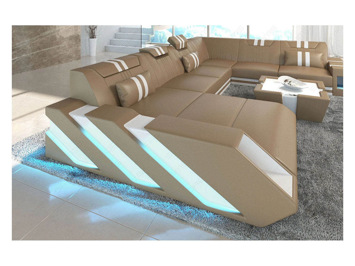 XXL Leder Wohnlandschaft Apollonia EM Sandbeige Weiß Links