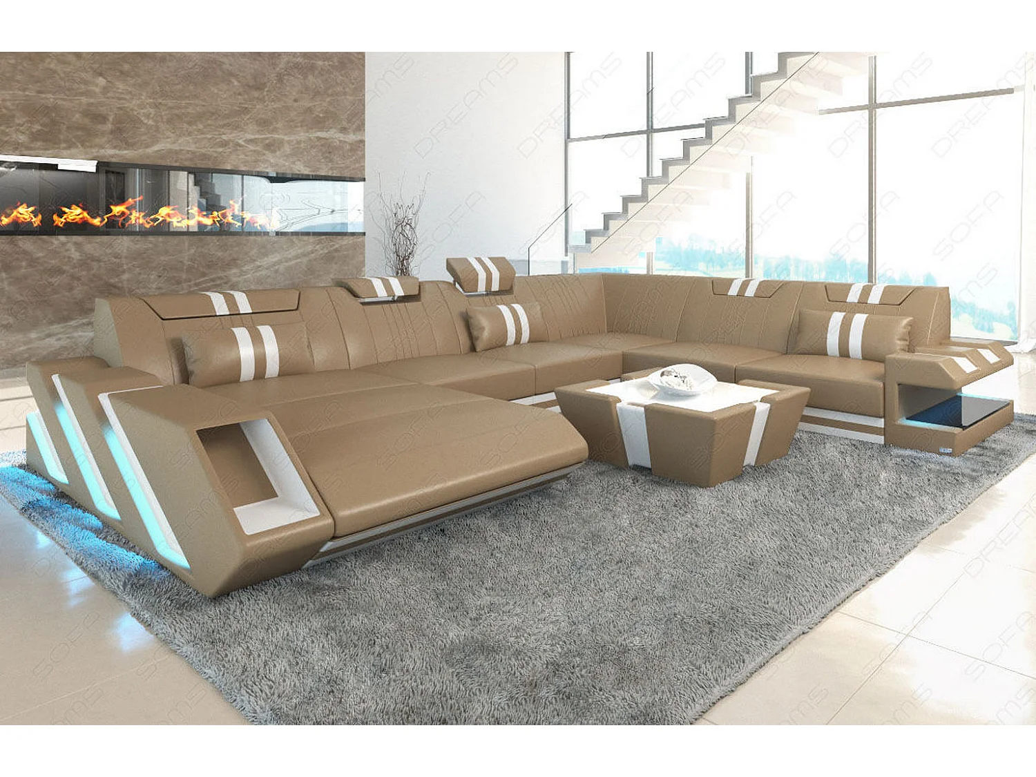 XXL Leder Wohnlandschaft Apollonia EM Sandbeige Weiß Links