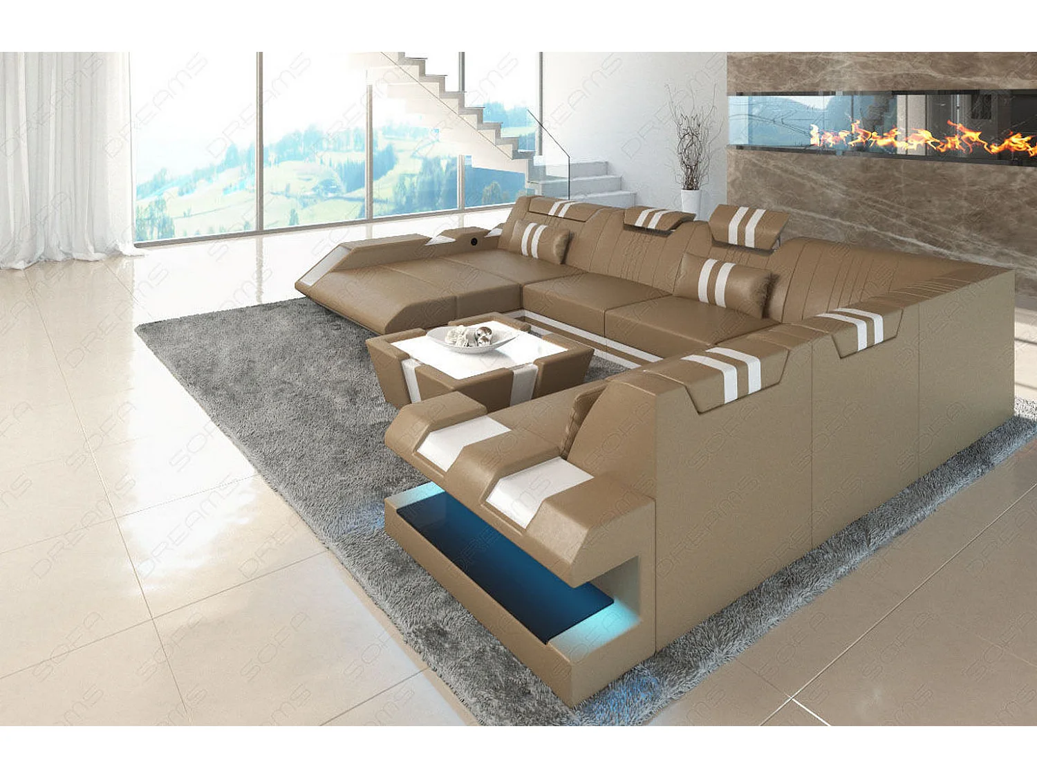 XXL Leder Wohnlandschaft Apollonia EM Sandbeige Weiß Links