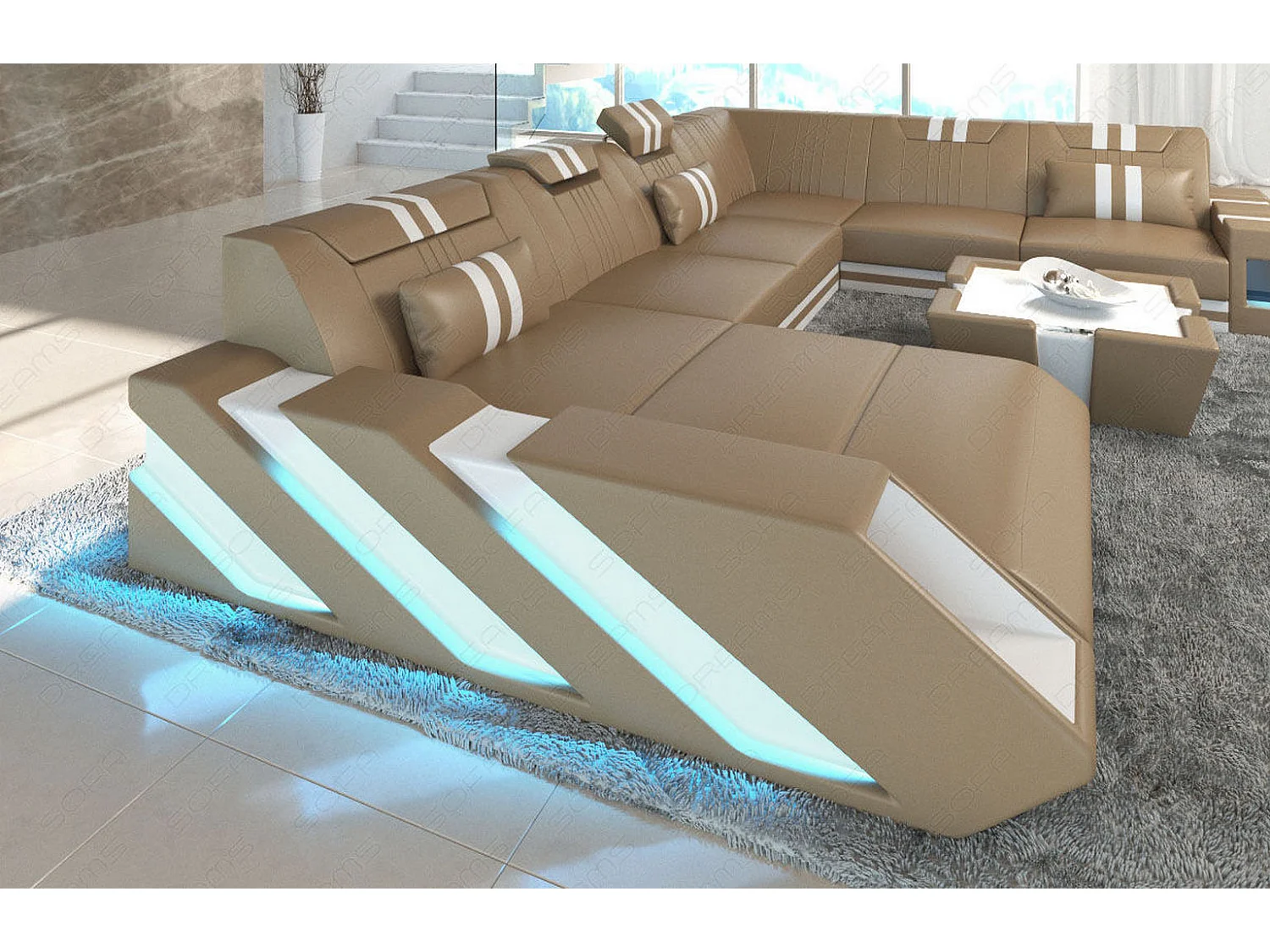 XXL Leder Wohnlandschaft Apollonia EM Sandbeige Weiß Links