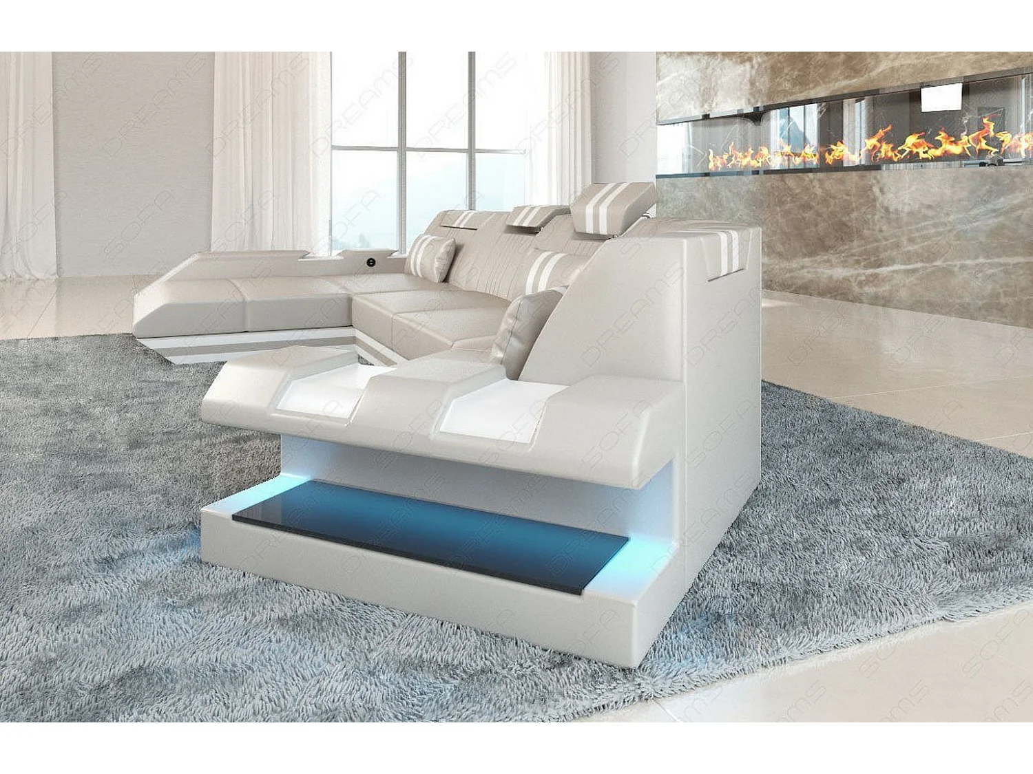 Ledersofa Apollonia C Form Echtleder Beige Weiß Links