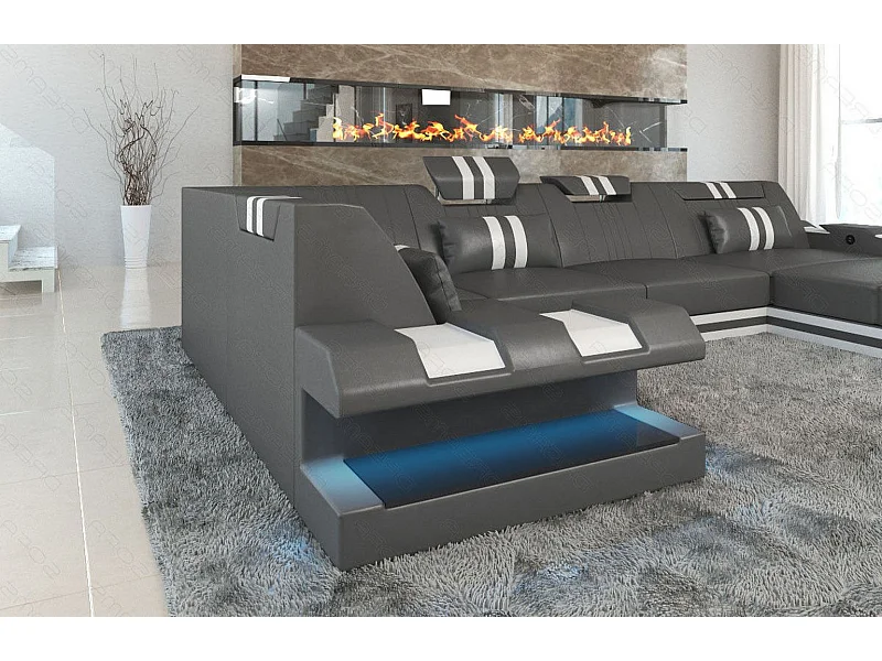Ledersofa Apollonia U Form EM Grau Weiß Rechts