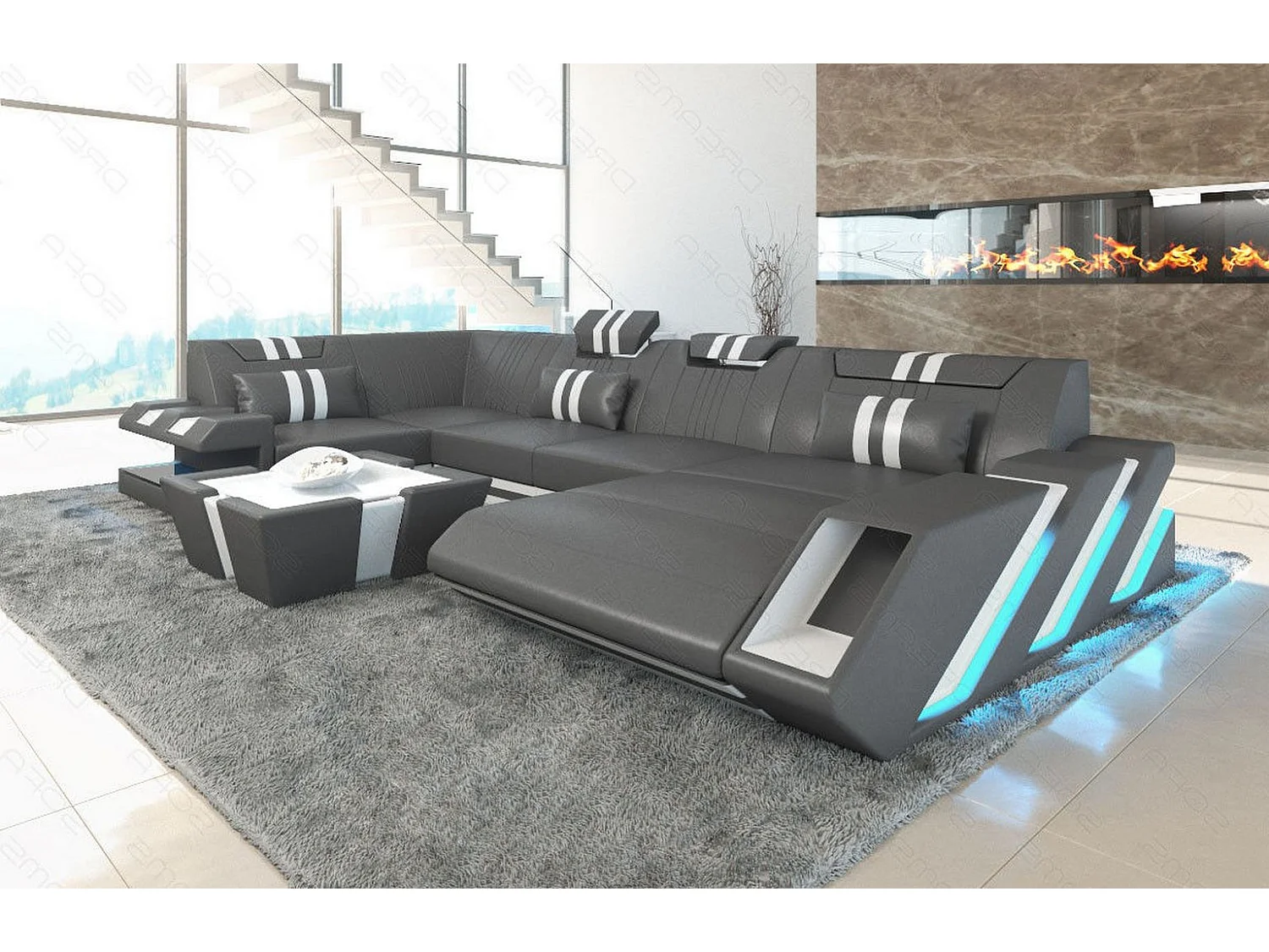 Ledersofa Apollonia U Form EM Grau Weiß Rechts