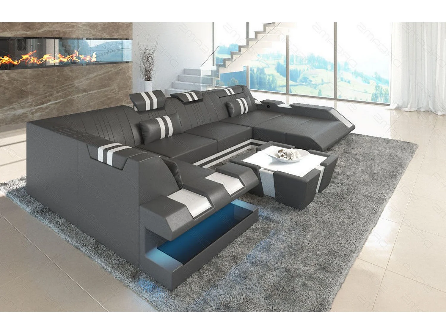 Ledersofa Apollonia U Form EM Grau Weiß Rechts