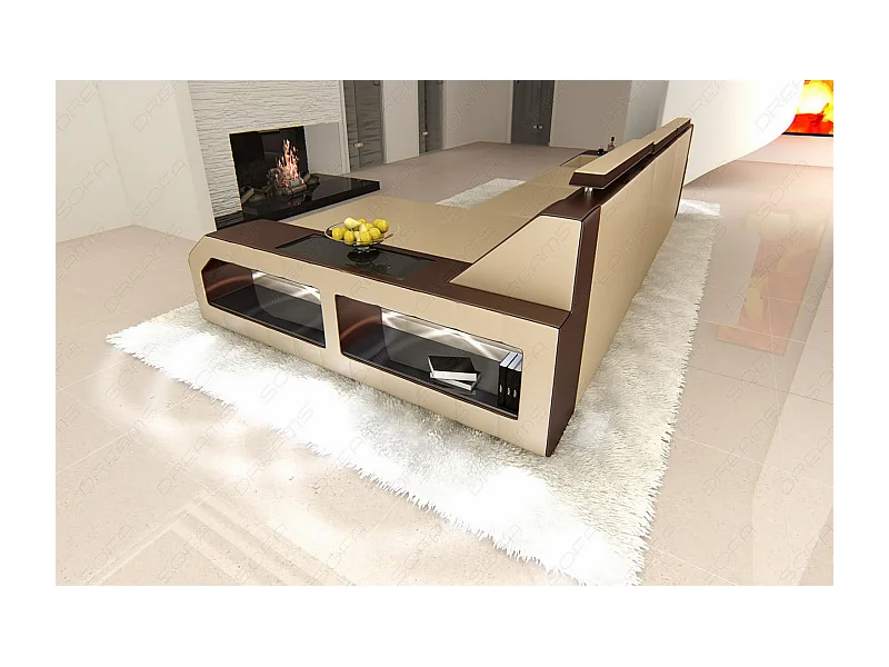 Ecksofa Arezzo Leder Kunstleder Sandbeige Braun Rechts