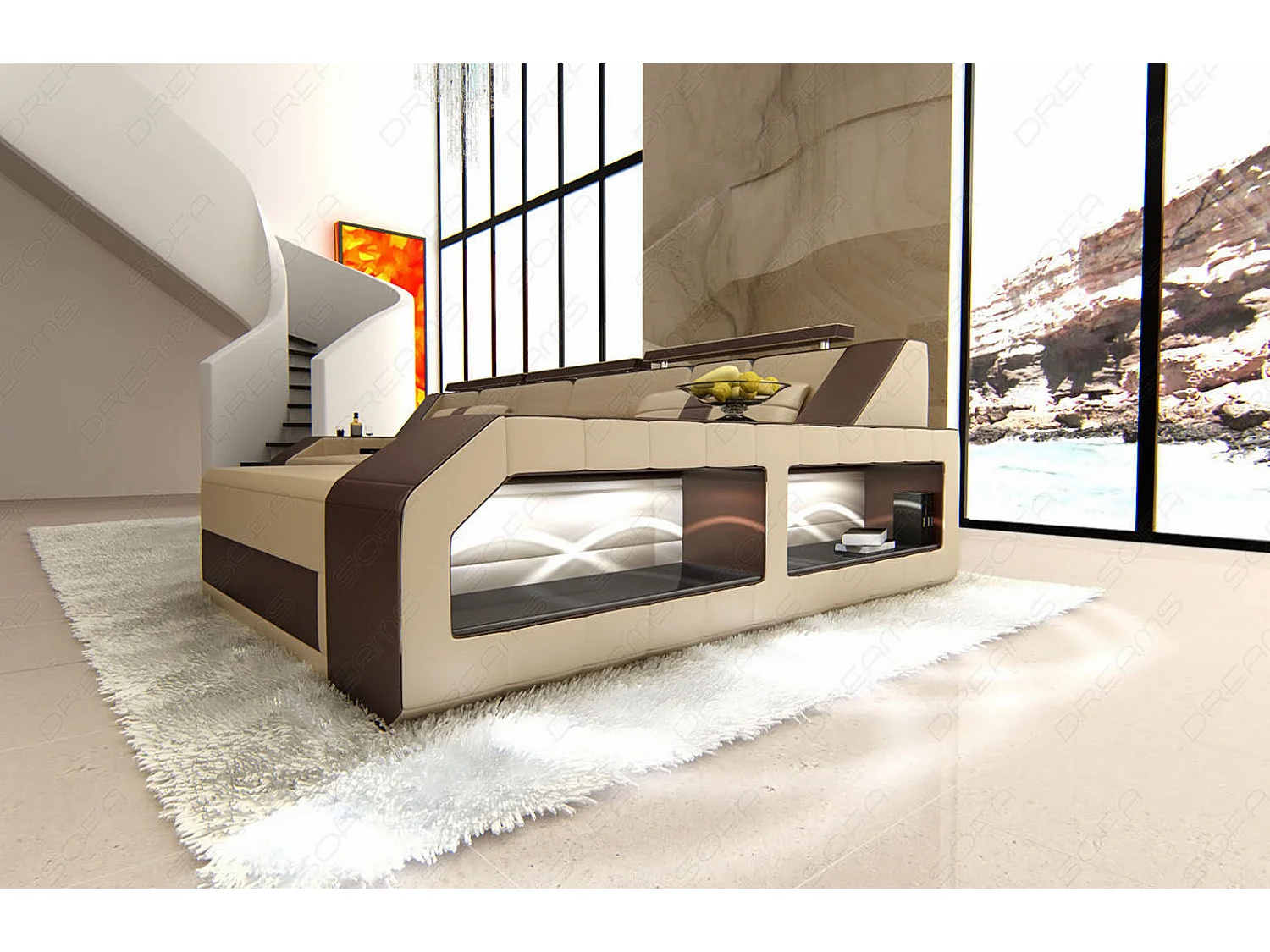 Ecksofa Arezzo Leder Kunstleder Sandbeige Braun Rechts