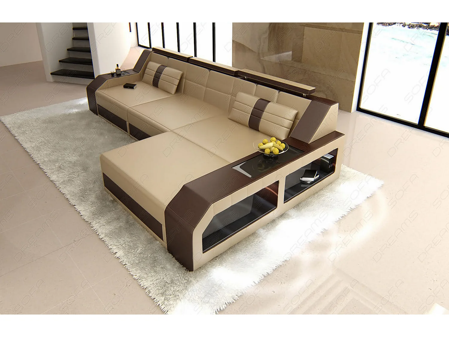 Ecksofa Arezzo Leder Kunstleder Sandbeige Braun Rechts