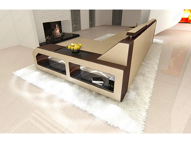 Ecksofa Arezzo Leder Kunstleder Sandbeige Braun Rechts