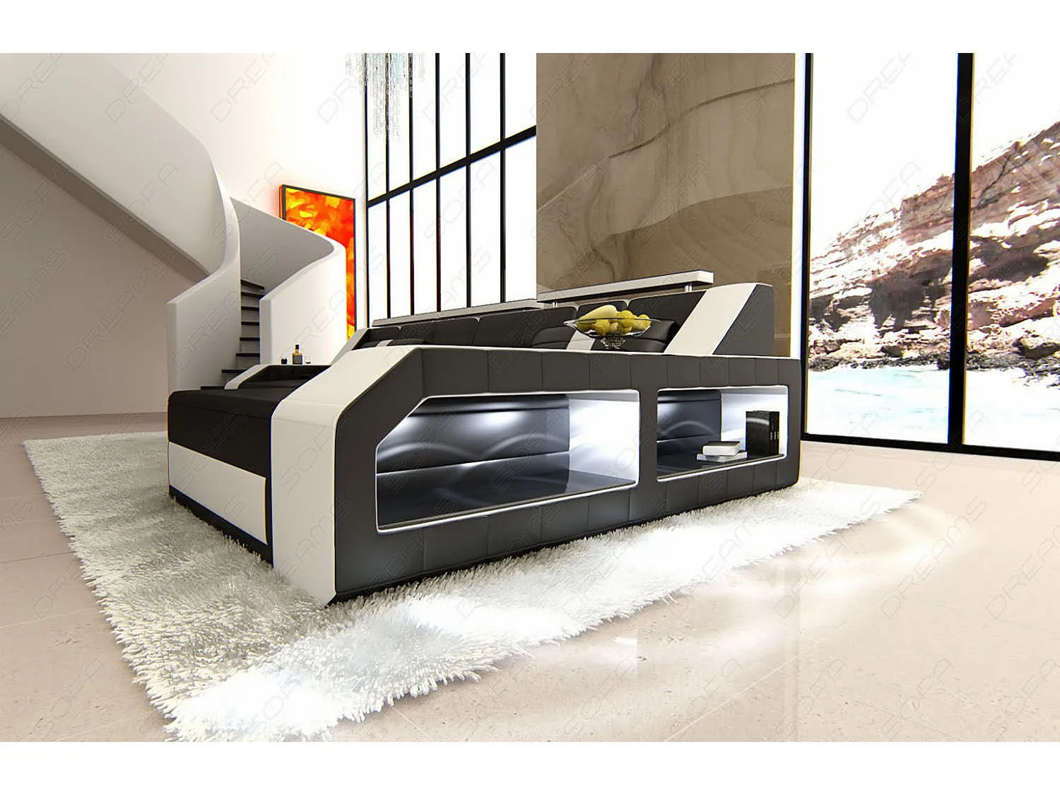 Ecksofa Arezzo Leder Kunstleder Schwarz Weiß Rechts