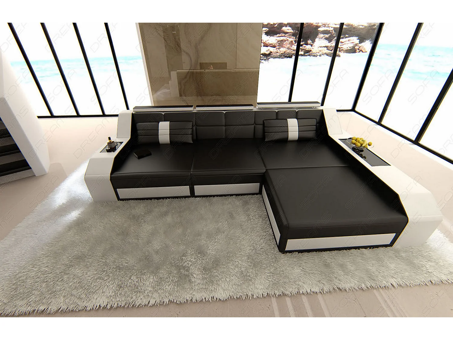 Ecksofa Arezzo Leder Kunstleder Schwarz Weiß Rechts