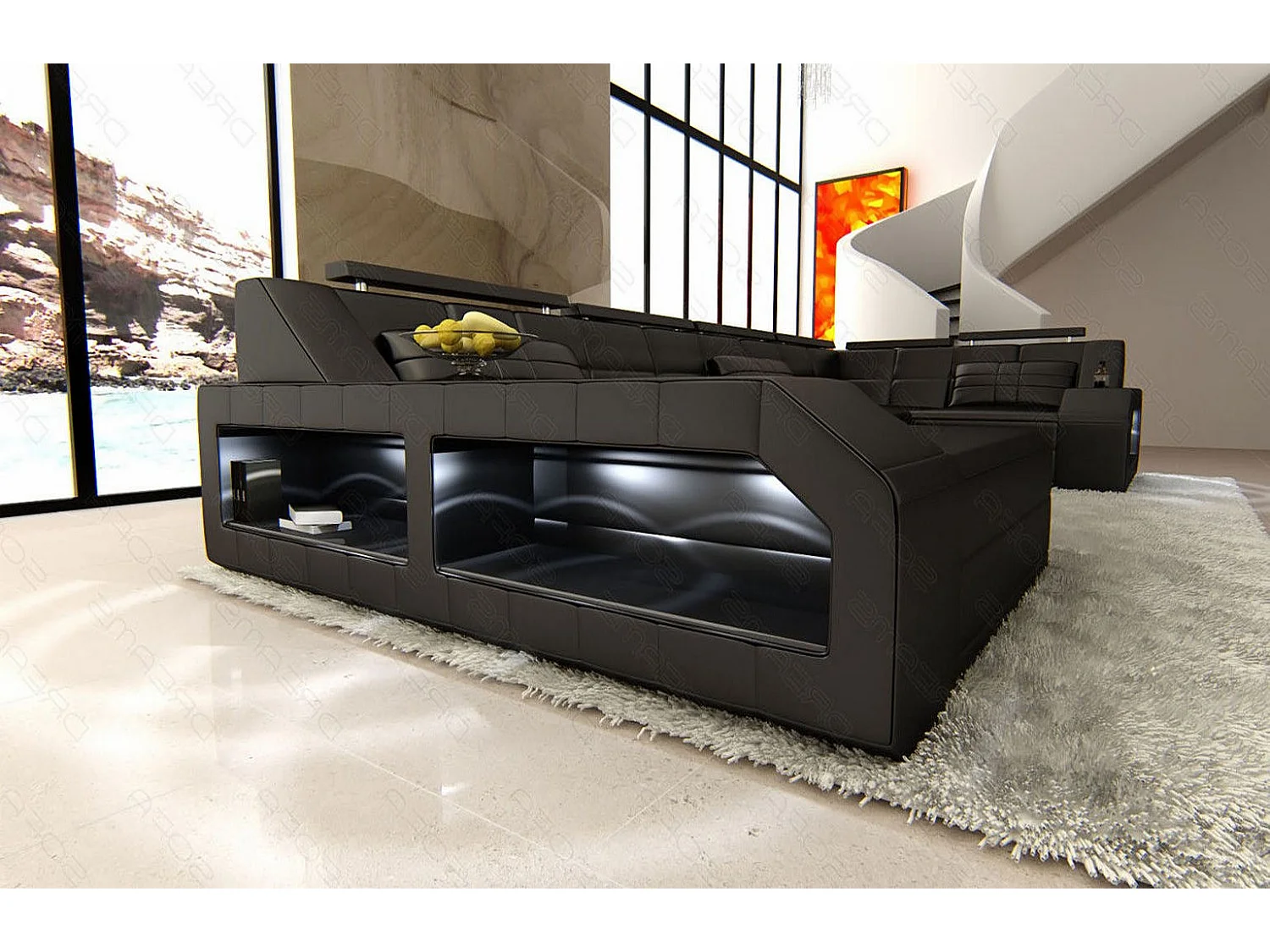 Sofa Arezzo U Leder Kunstleder Schwarz Links