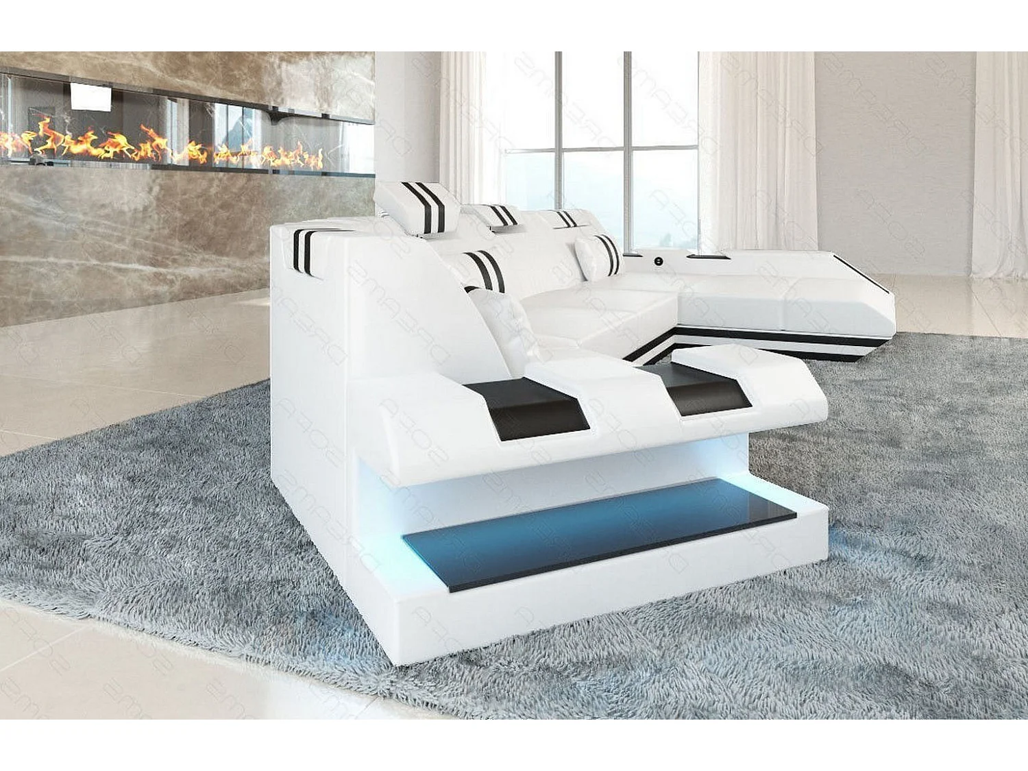 Ledersofa Apollonia C Form Premium Kunstleder Weiß Schwarz Rechts