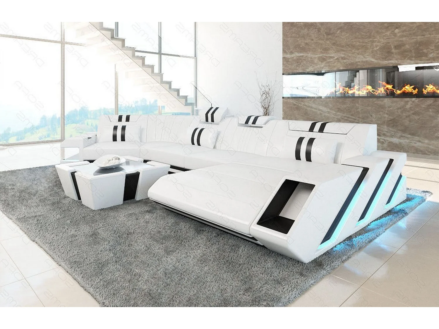 Ledersofa Apollonia C Form Premium Kunstleder Weiß Schwarz Rechts